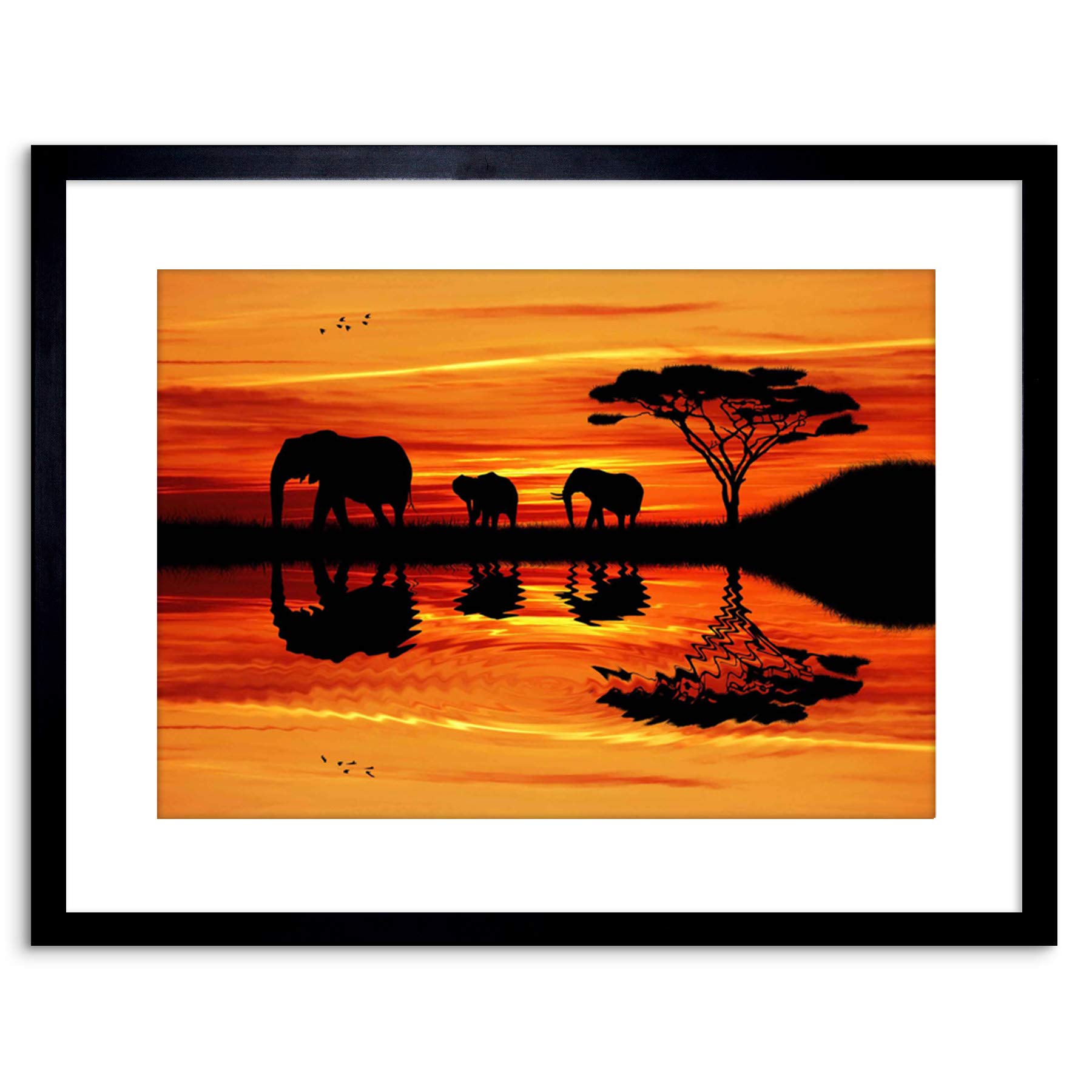 Wee Blue Coo Photo African Elephant Silhouette Sunset Framed Wall Art Print