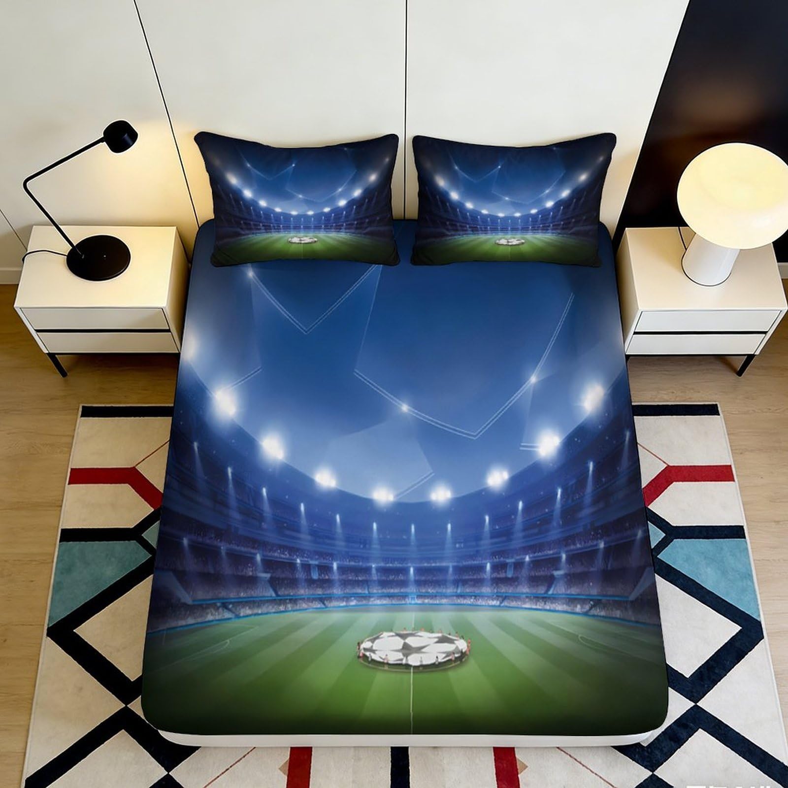 3D Printed Stadium Night Fitted Sheet Microfiber Soft Breathable Football Match Bed Cover for Bedroom Guest Room Decor 90x200x25cm