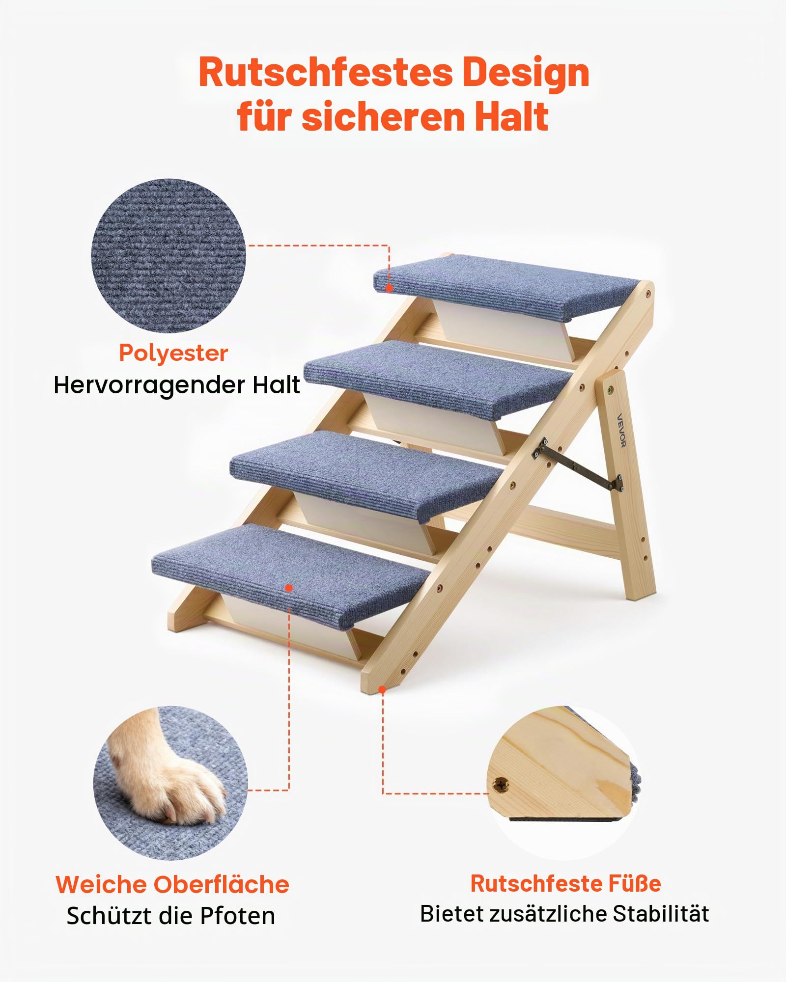 VEVOR Hundetreppe 630x470x490 mm, 4-stufige Hautiertreppe, klappbare Holztreppe geeignet für kleine, mittlere, große, ältere Haustiere sowie Welpen bis 68 kg, Hundeleiter für Betten, Sofas & Autos