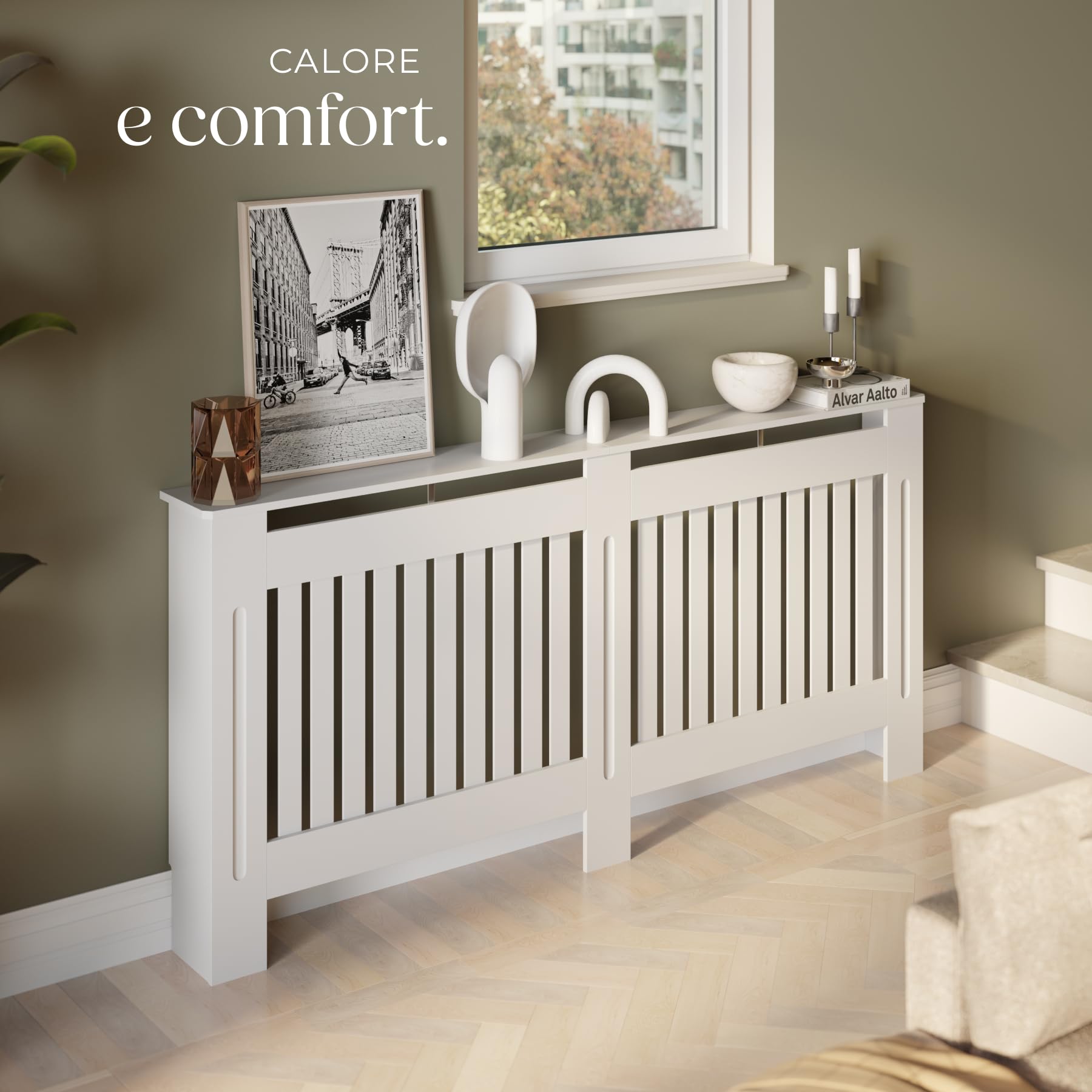 tectake® Copri Termosifoni con Ripiano, Copricalorifero Design a Lamelle, Copritermosifoni con Aperture per Circolazione Aria, Copertura Radiatori con Mensola da Termosifone, 172,3x19x82 cm- Bianco