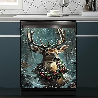 Christmas Magnet Dishwasher Cover Decal,Deer Refrigerator Door Panel Decal,Winter Sticker Kitchen Decor,Moose Dishwasher Magnetic Decorative Cover