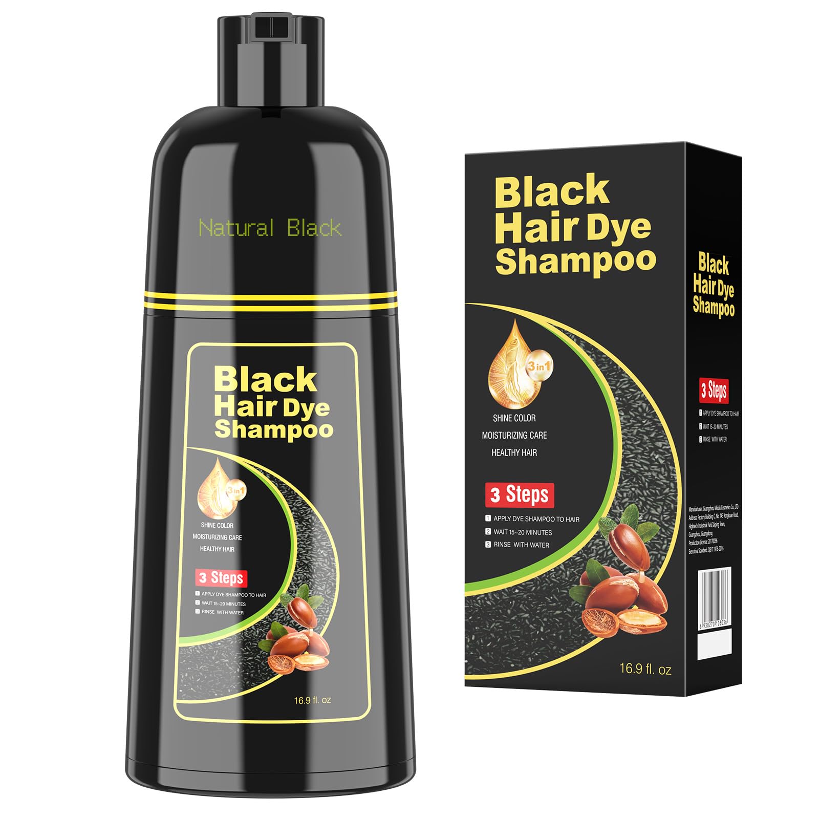 BELEZALIB Black Hair Dye Shampoo for Woman & Man, Argan Hair Color Shampoo 3 in 1, Semi-Permanent Gray Hair Coverage, Mild Formula, Lasts 30 Days(16.90 oz)