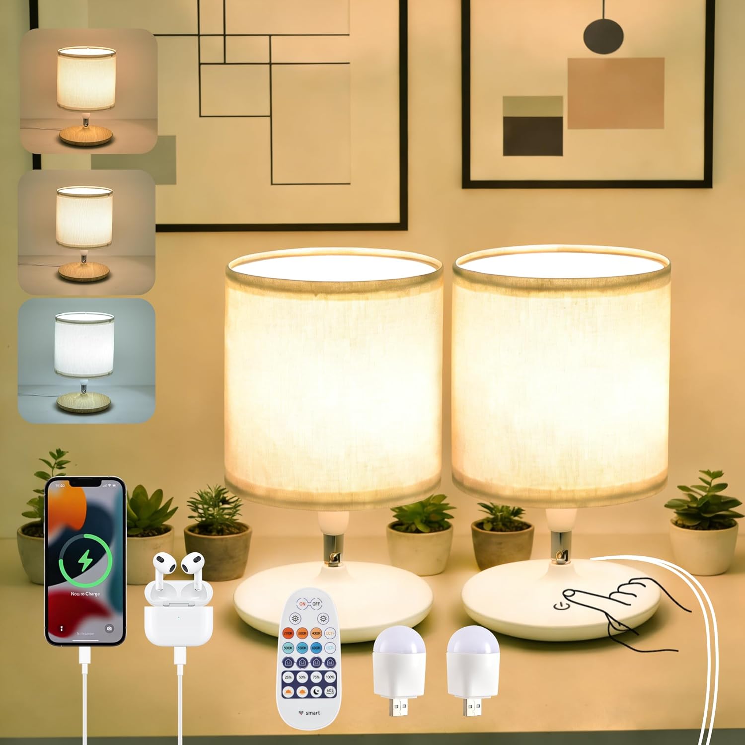 Table Lamps Set of 2, Bedside Lamps with USB C Ports for Nightstand, Dimmable Touch Table Lamps for Bedroom Living Room, 3 Color Temperatures with Remote & App Control, 2 LED Bulbs Included