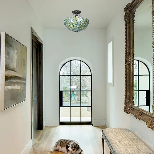 Miniatura 8 de Tiffany - Lámpara de techo de glicina verde con vitrales, semi empotrada, 16 pulgadas de altura, 15 pulgadas, lámpara de techo Tiffany