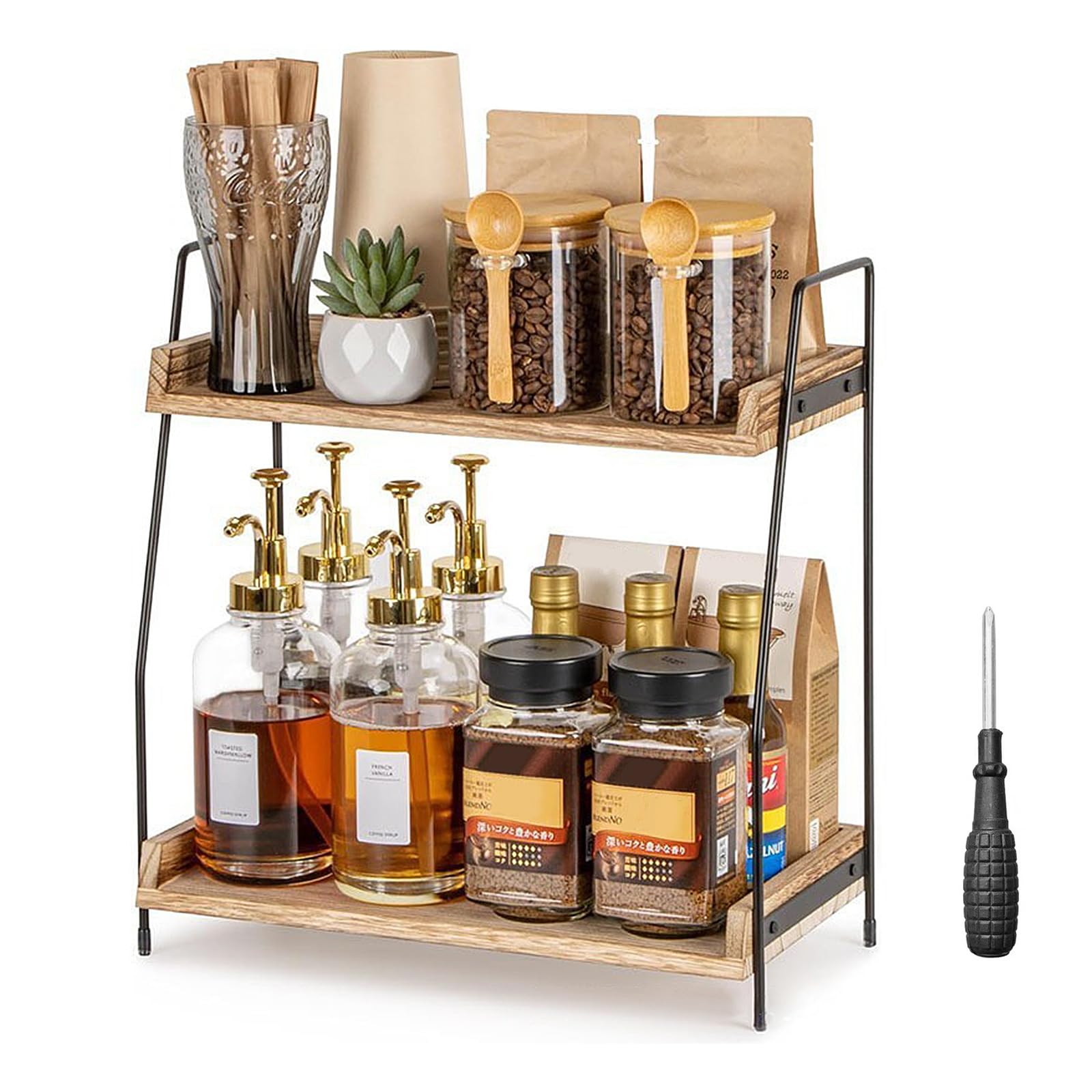 YancLife 2-Tier Wooden Coffee Station Organizer - Kitchen Countertop Coffee Bar Organizer with Screwdriver, Wooden Coffee Condiment Organizerfor Kitchen Home Coffee Machine Essentials Organization