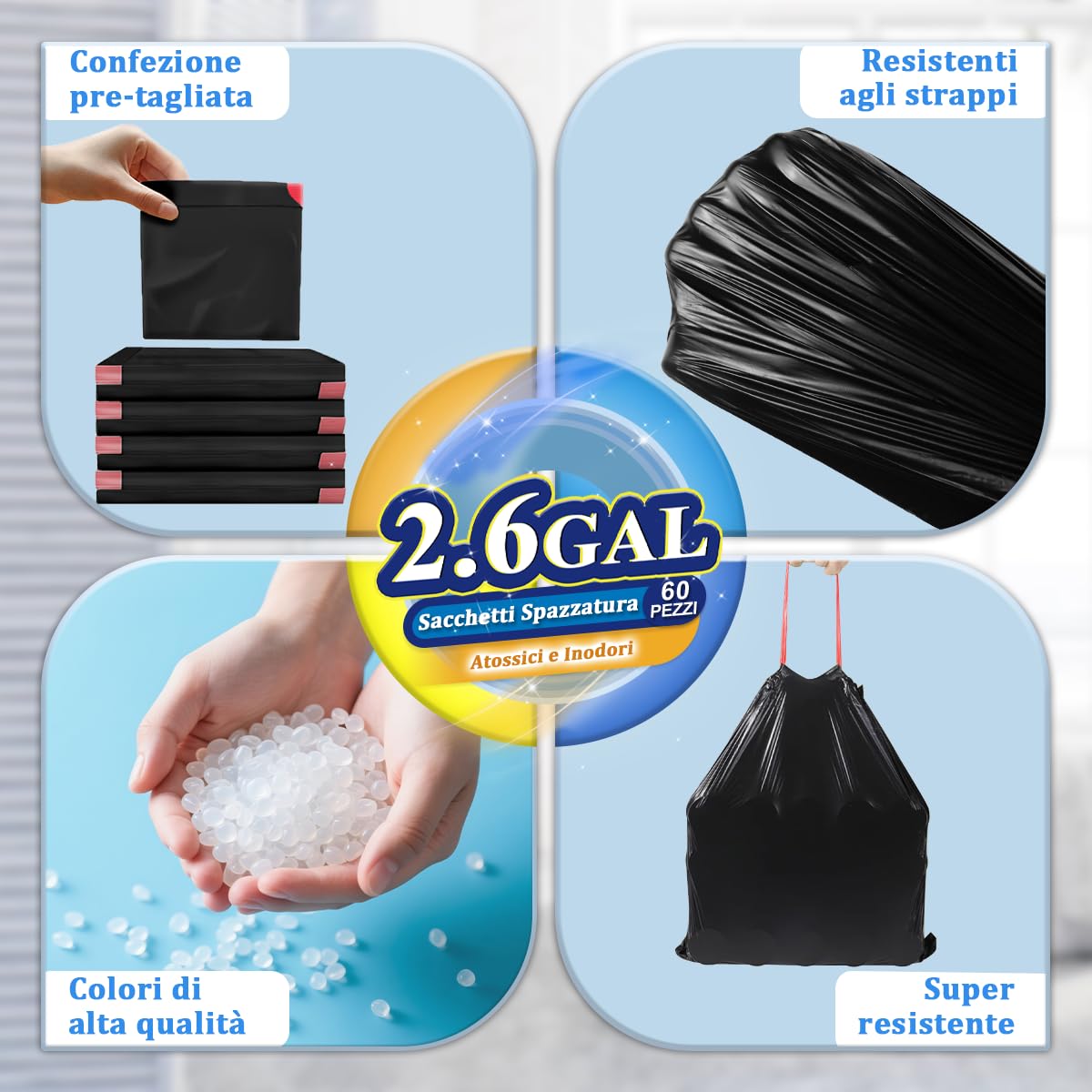 OKKEAI 60 Sacchetti Cestino con Coulisse, Buste Spazzatura 10L Neri Sacchetti Spazzatura Piccoli, Estrazione Semplice Senza Strappo, Antistrappo Anti-Perdite, Ideali per Bagno, Ufficio, Camera, Auto