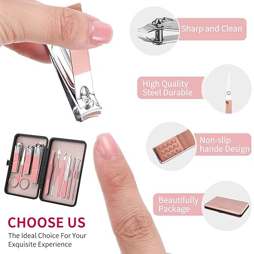 Miniatura 3 de ZIZZON Juego de manicura de viaje mini cortaúñas 10 en 1 acero inoxidable Pedicura cuidado kit de aseo con estuche rosa