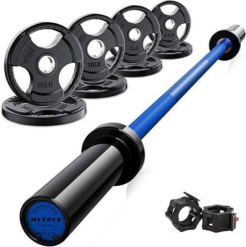 Miniatura 25 de RitFit Barbell Weight Set - 4/6FT Olympic Barbell with Weight Plates (55-115LB Total) - Weightlifting Equipment for Squats, Curls, Deadlifts,