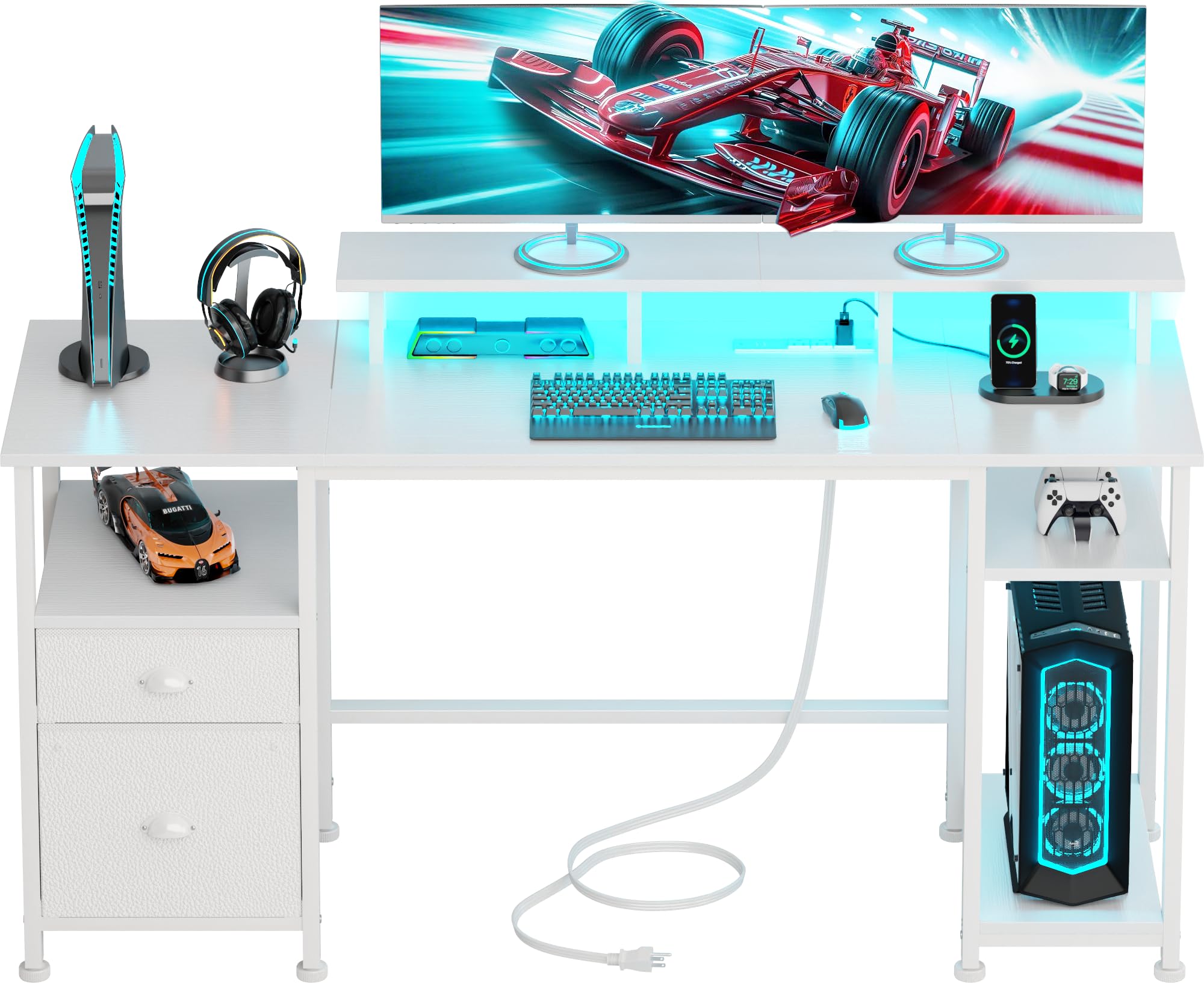 furologee 6134 computer desk with power outlet and led lights reversible gaming desk with file cabinet amp monitor stand for home office large work table with storage shelves amp drawer white