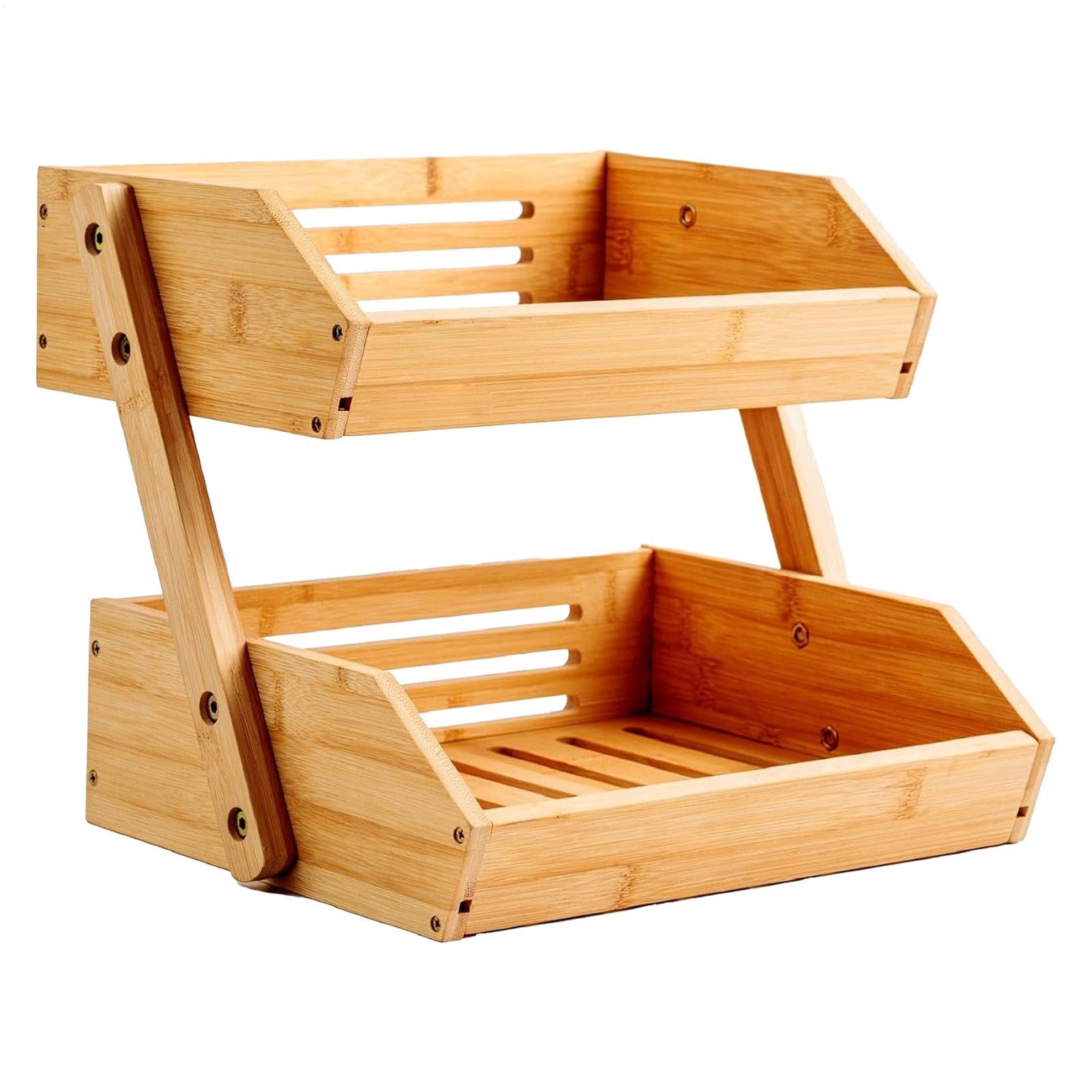 Soporte de frutas de madera con diseño de dos niveles y acabados estéticos de alta calidad