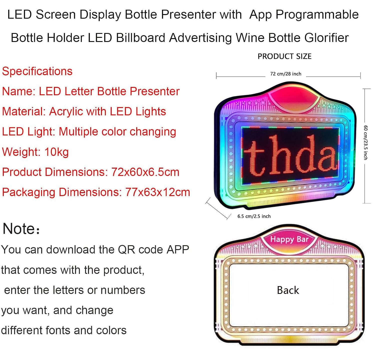 Señal LED de servicio de botella, visualización de mensajes de desplazamiento programable, presentador de mano, luces RGB, eventos VIP