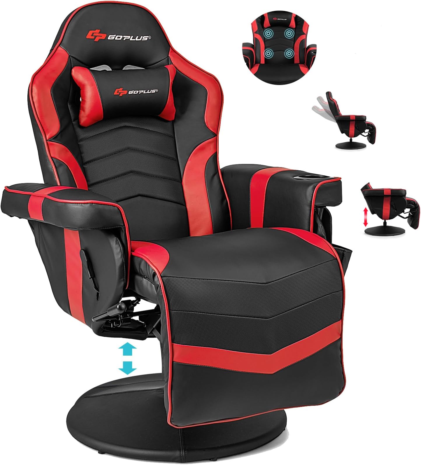 Gaming Recliner, Adjustable Massage Gaming Chair with Cup Holder Footrest Ergonomic Single Sofa Living Room Home Theater Seating with Side Pouch (Red)