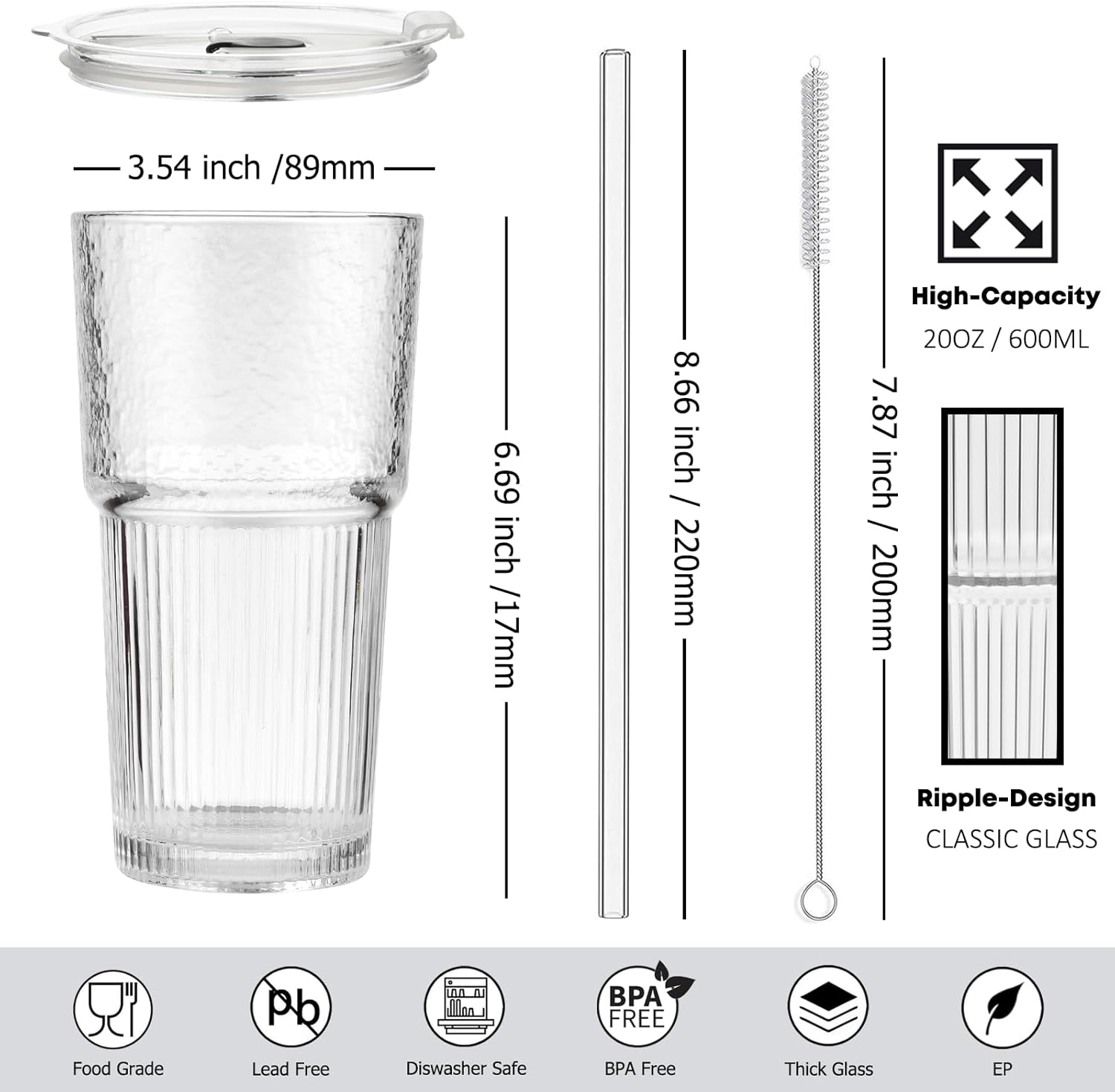 ALINK 20oz Glass Tumblers with Lids and Straws, Set of 4 - Stylish Ribbed Design Drinking Glasses for Iced Coffee Cups, Juice, Smoothies, Cold Beverages, Includes Cleaning Brush, Durable Glassware - Image 2