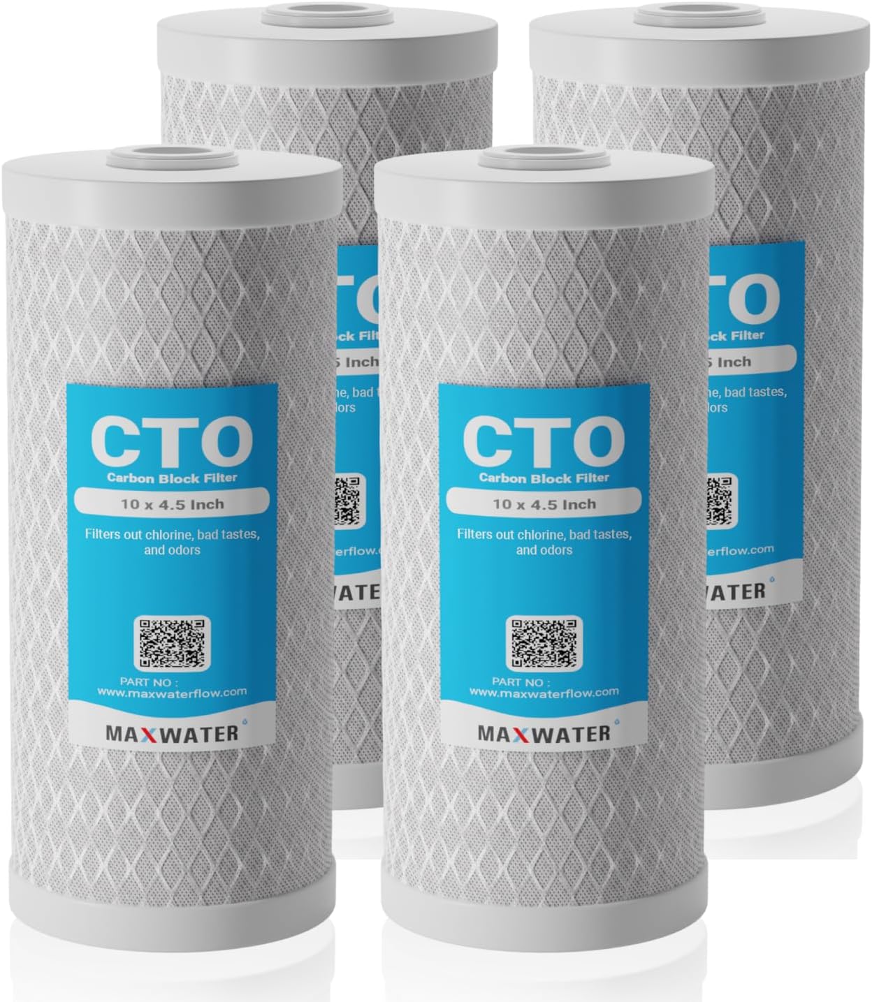Max Water 10 x 4.5 Activated Carbon 5-Micron Filter CTO Cartridge Replacement Whole House Systems Compatible with FXHTC, WFHDC8001, CB-BB-10, CTO10BB, FC15B (4 Pack)