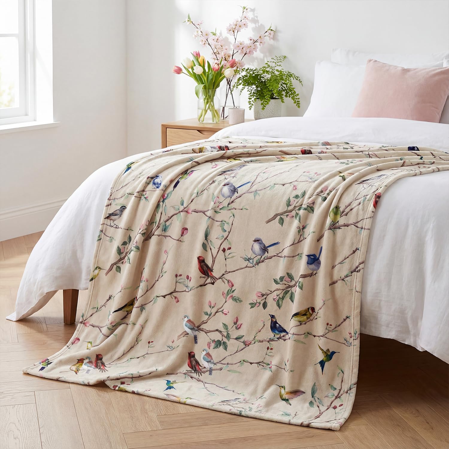 Horaldaily Spring Summer Flannel Blanket Throw, Birds Branch Biege Floral Soft Fuzzy Plush Cozy Fleece Blankets for Couch Sofa Bed Lounging, Ideal Gifts for Kids Adults Self, 50x60 - Image 4