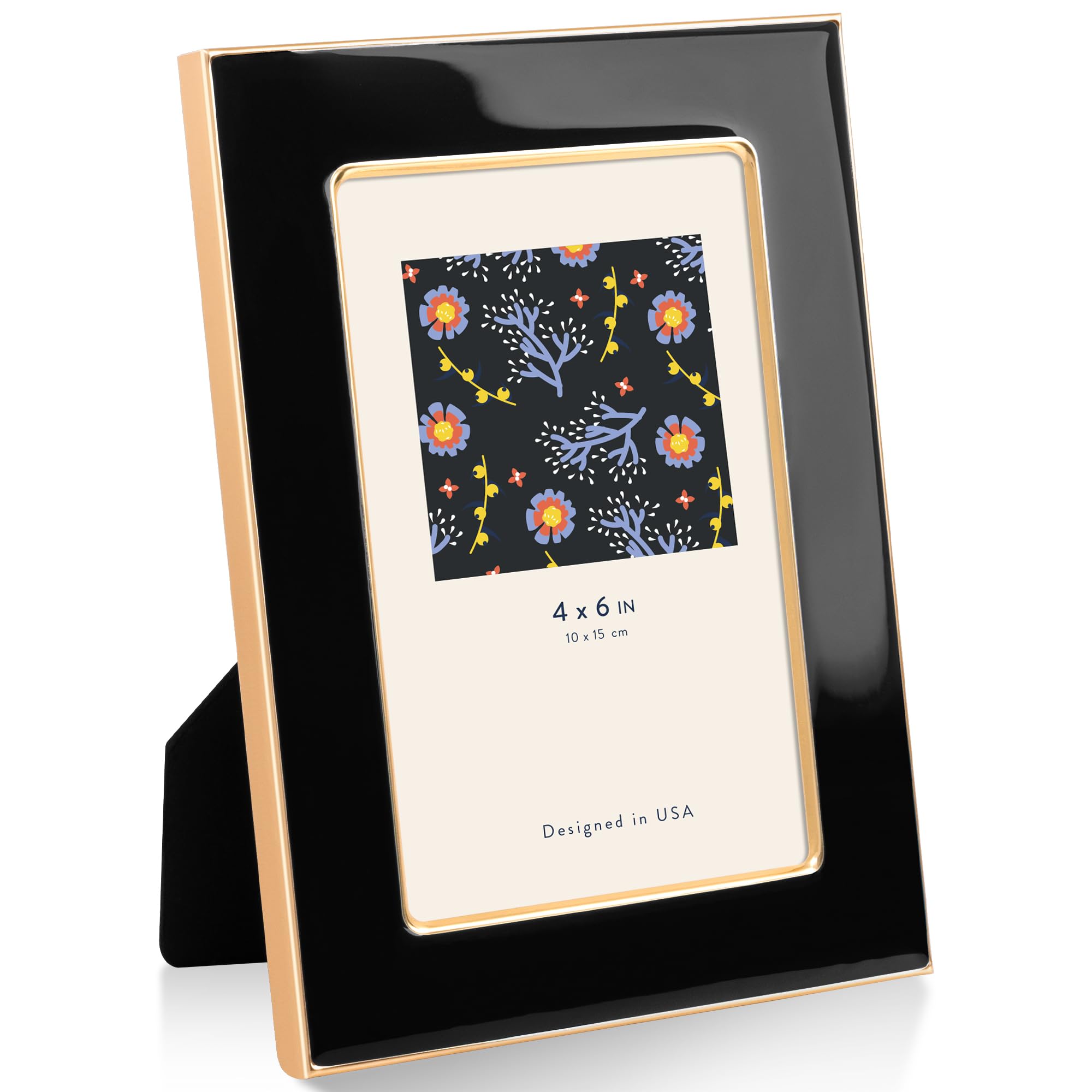 4"x6"(10x15cm) Enamel Picture Frame with Gold Metal Edge, HD Tempered Glass Photo Frame with Velvet Back & Easel Stand for Wall or Tabletop Display Family Office Photo Gallery, Black