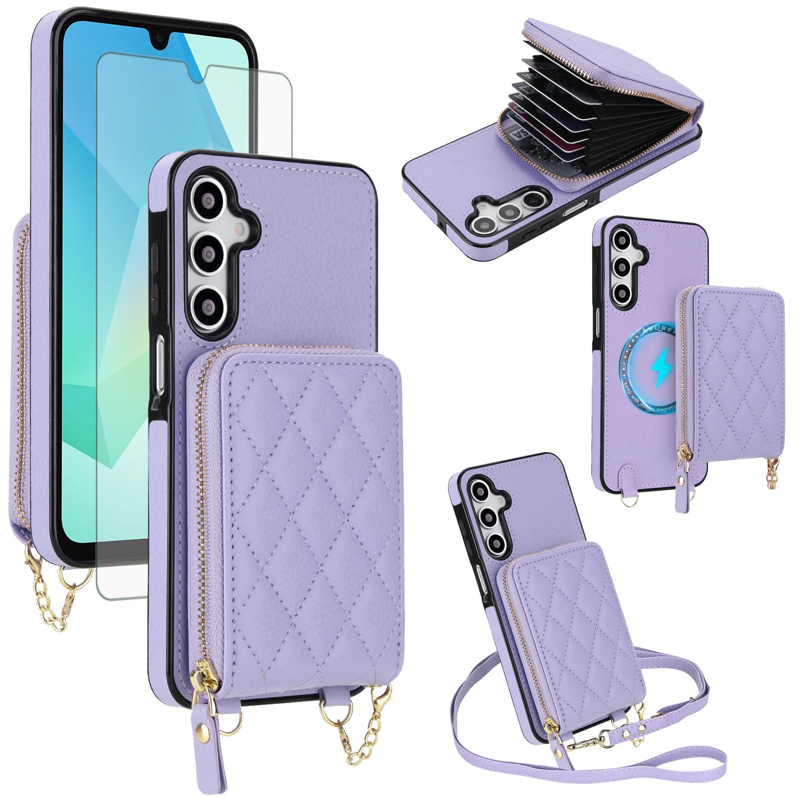 Asuwish Custodia per telefono per Samsung Galaxy A17/A26 5G 2-in-1 Custodia magnetica a portafoglio con pellicola protettiva per lo schermo, tracolla con blocco RFID, porta carte di credito A 17 26