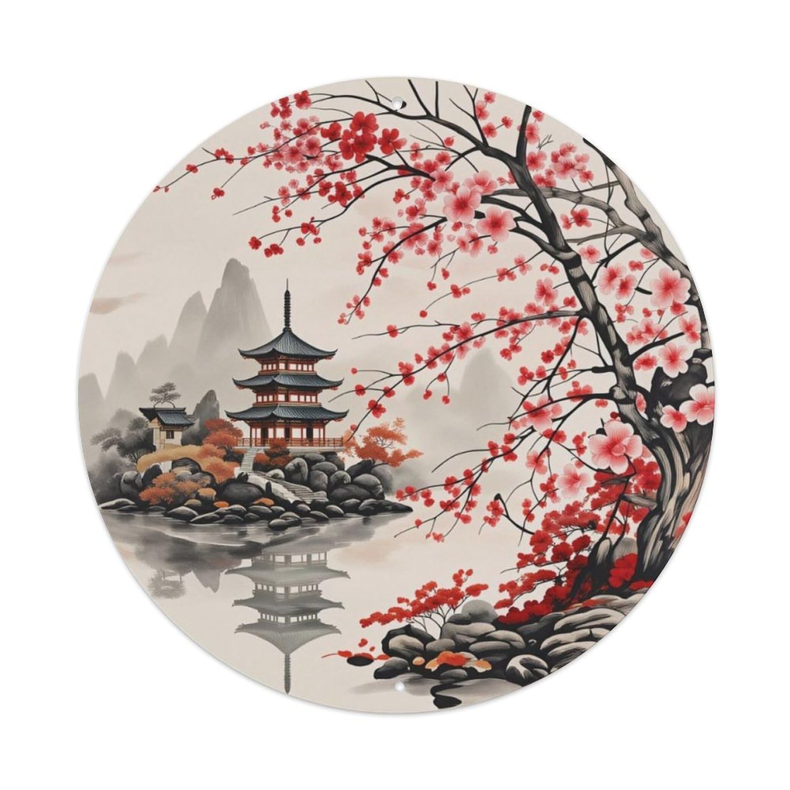 Japanese Ink Cherry Blossom Pagoda Round Sign Vintage Aluminium Metal Sign, Retro Wall Decor for Home, Bar, Garage & Farmhouse 20x20cm