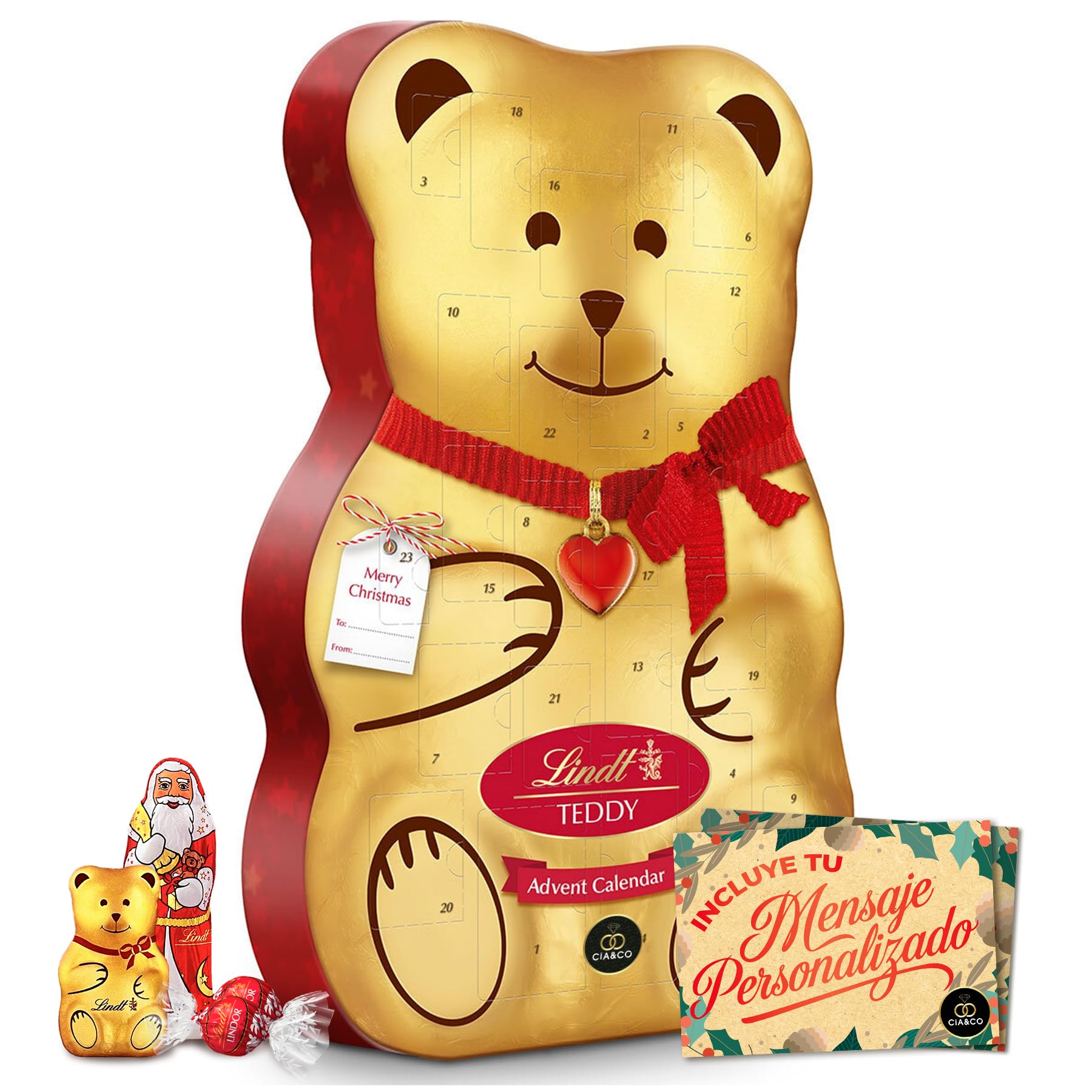 Gran Calendario de Adviento OSO TEDDY 2025 · Gran Formato 310 g · Incluye Tarjeta Personalizada Navidad Cia&Co · Surtido de Bombones y Figuras de Chocolate con Leche · Regalo Premium