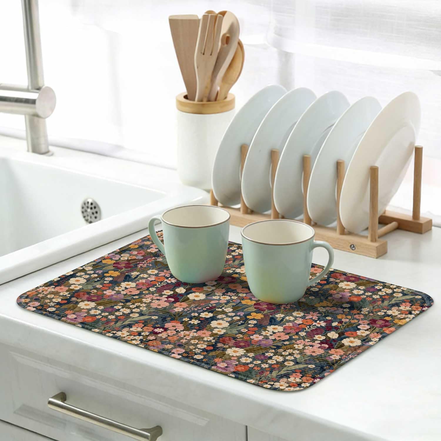 Floral Dish Drying Mats for Kitchen Counter Microfiber Absorbent Mat