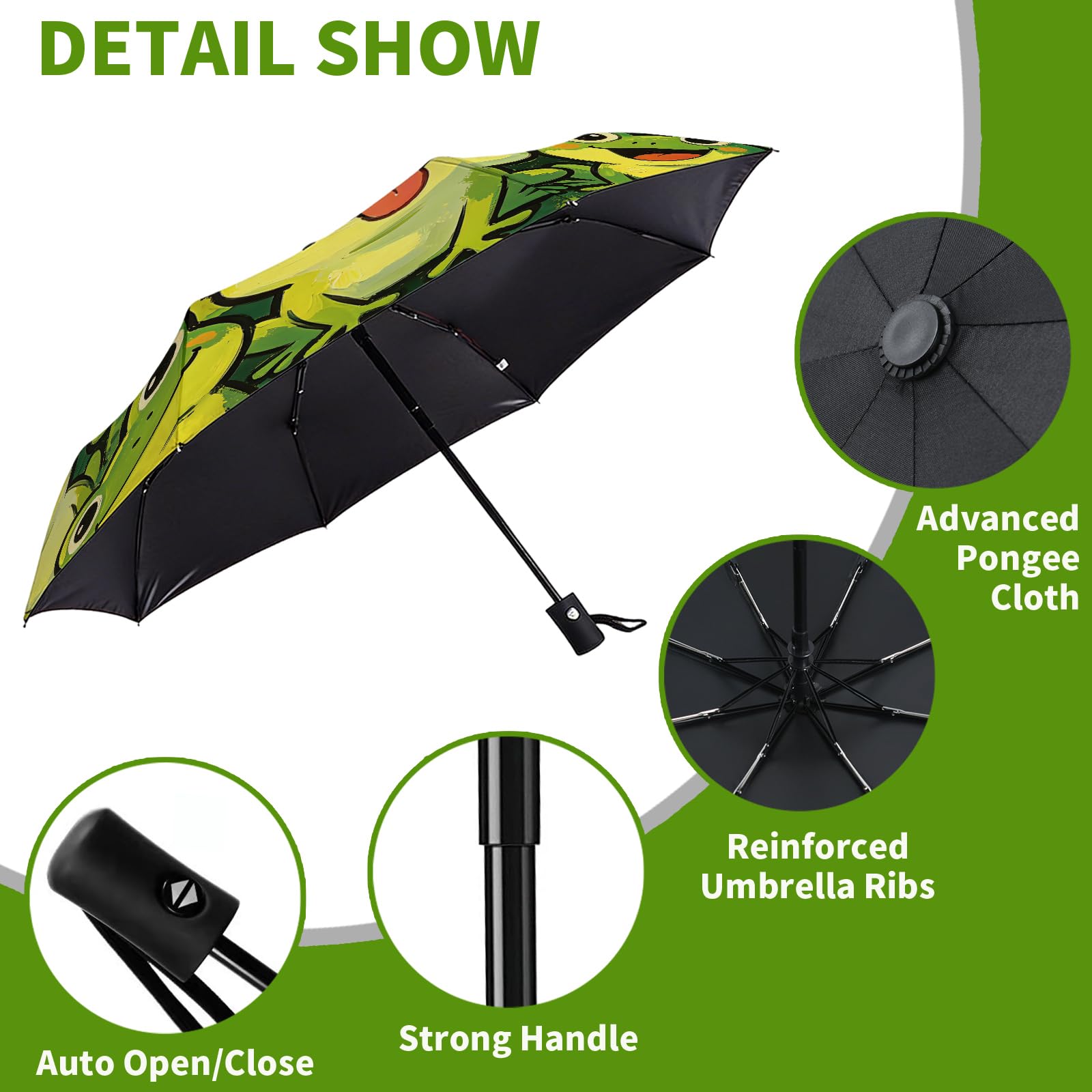 MAYJOYDIY Paraguas plegable automático de rana sonriente cartoon, grupo de ranas lindo, paraguas de viaje a prueba de viento 107cm paraguas compacto para mujeres hombres protección lluvia sol