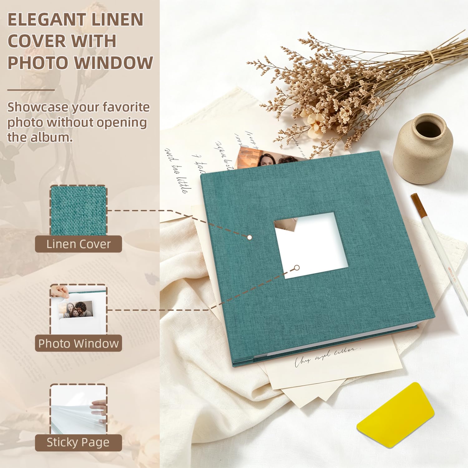 Popotop Álbum de fotos autoadhesivo con ventana de visualización de imágenes, 60 páginas, álbum de recortes para fotos de 4 x 6, 8 x 10 pulgadas, libro de recuerdos con cubierta de lino para boda de
