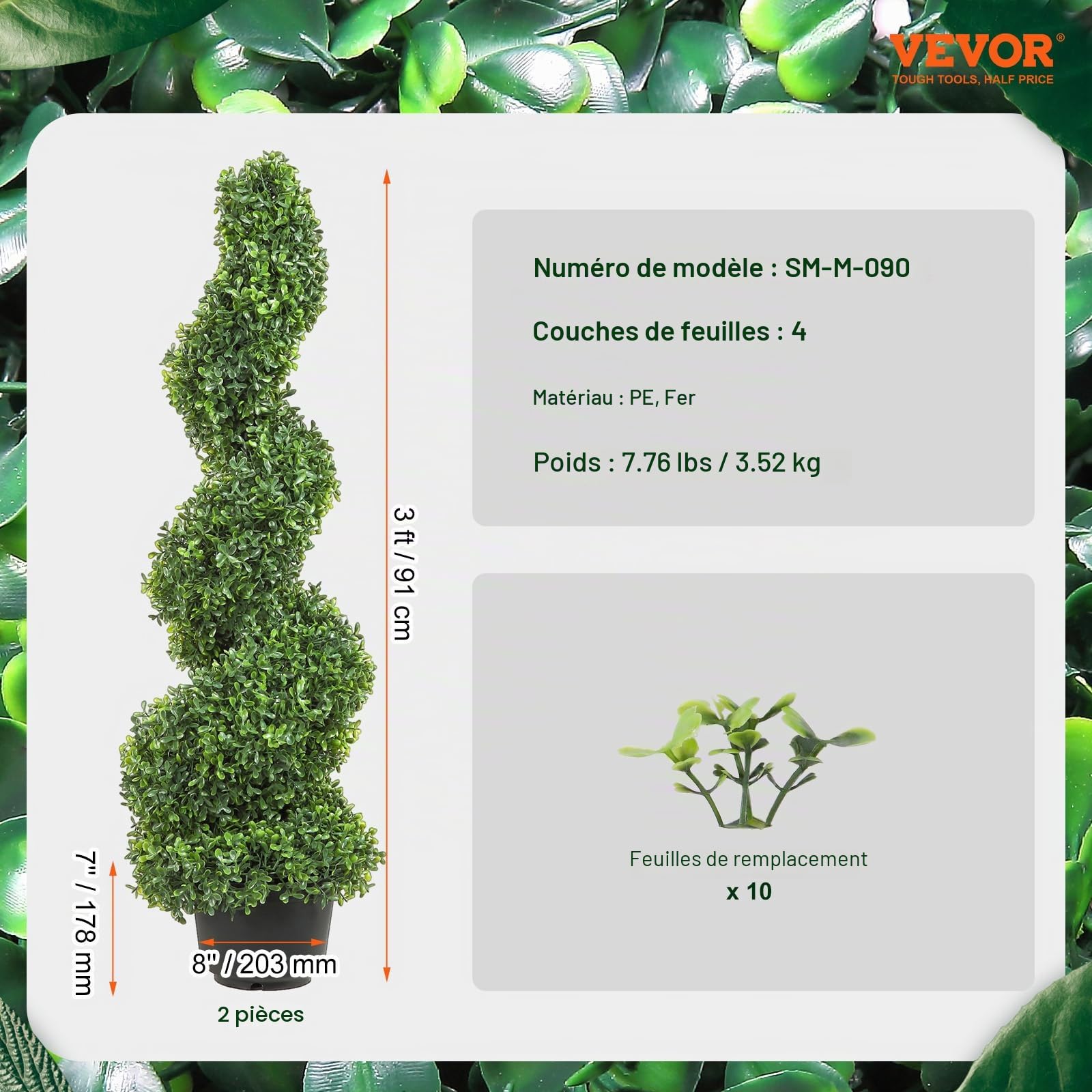 VEVOR Buis Topiaire Artificiel 91 cm Buis Artificiel Extérieur en Spirale 2 Fausses Plantes en PE 10 Feuilles Remplaçables avec Pot sans Odeur pour Décoration Intérieur Jardin Terrasse Balcon Entrée