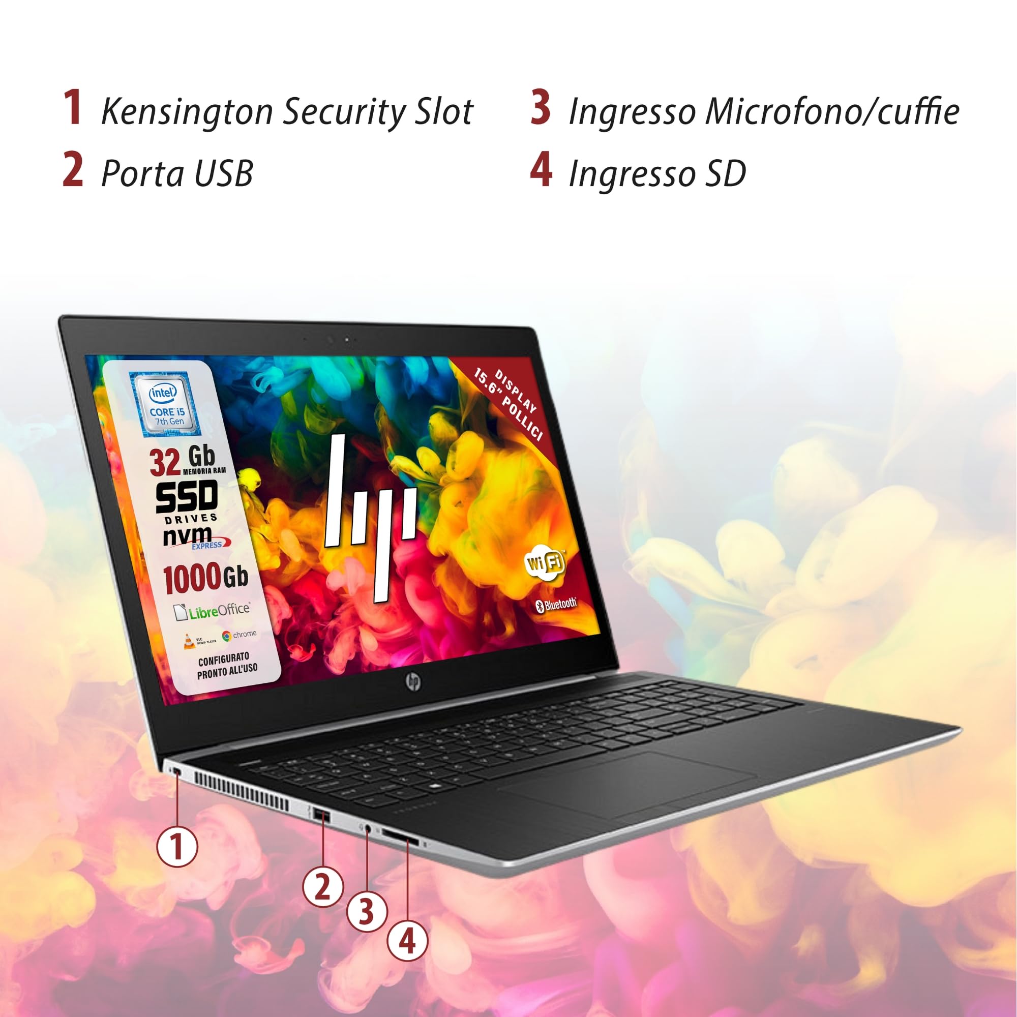 HP Probook, Pc Portatile intel i5-7200u 2.5Ghz 2 Core, Display HD da 15.6", Ram 32Gb, SSD 1000 Gb, Notebook Pronto all'uso con Libre Office, Omaggio Chiavetta USB Finger Print (Ricondizionato)
