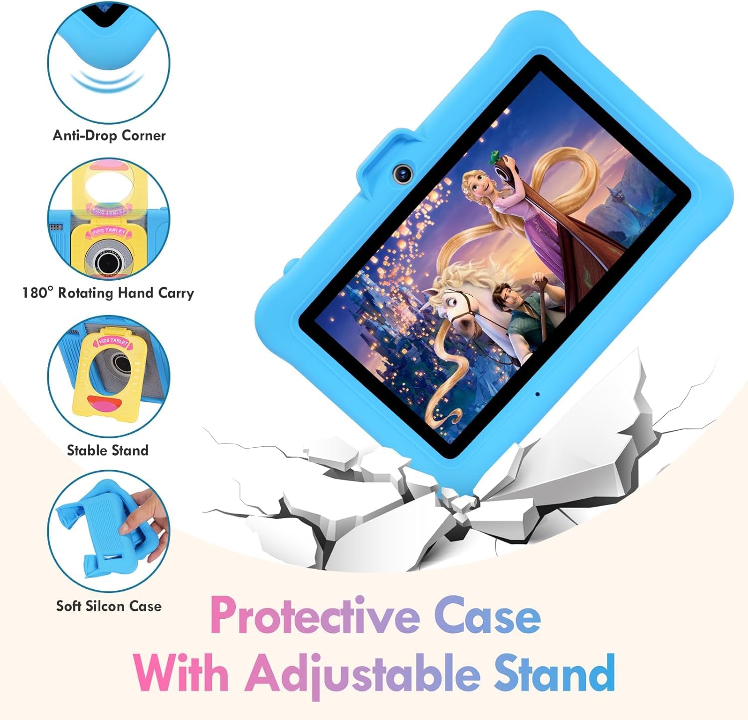 Tablet per bambini 7 pollici Android, 8(3+5) GB RAM, 64GB ROM(TF card 128 GB), Google GMS, App per Bambini Preinstallata, Kids space, WIFI, Custodia antiurto, blu