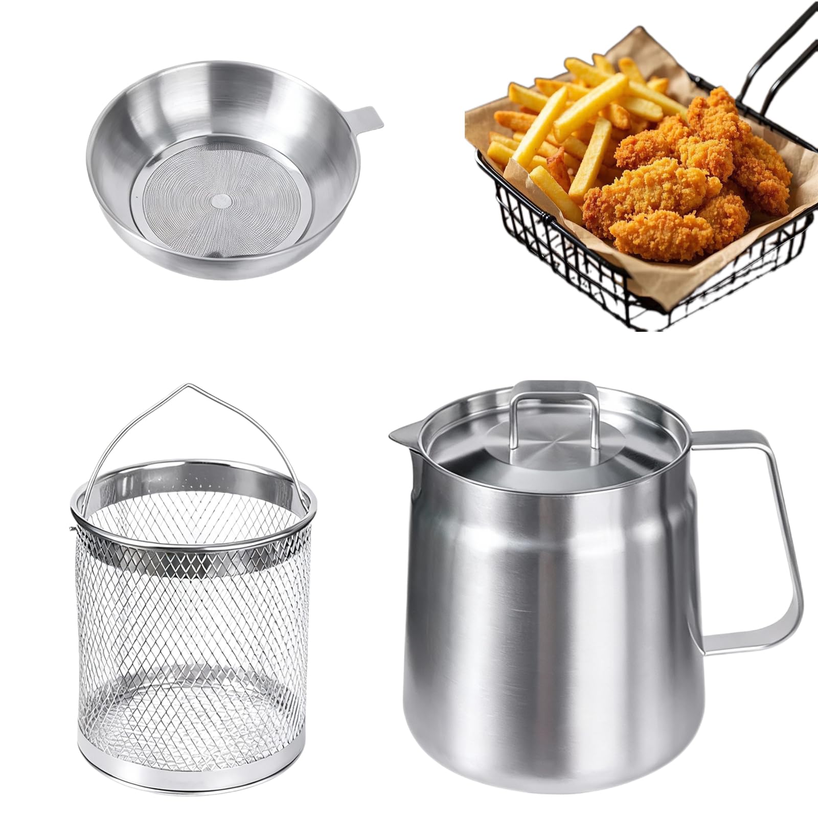 Friggitrice Acciaio 2L in Acciaio Inossidabile 304 con Cestello Filtrante, Rete a Maglia e Coperchio Antipolvere, Contenitore Multiuso per Conservare, Friggere e Cucina