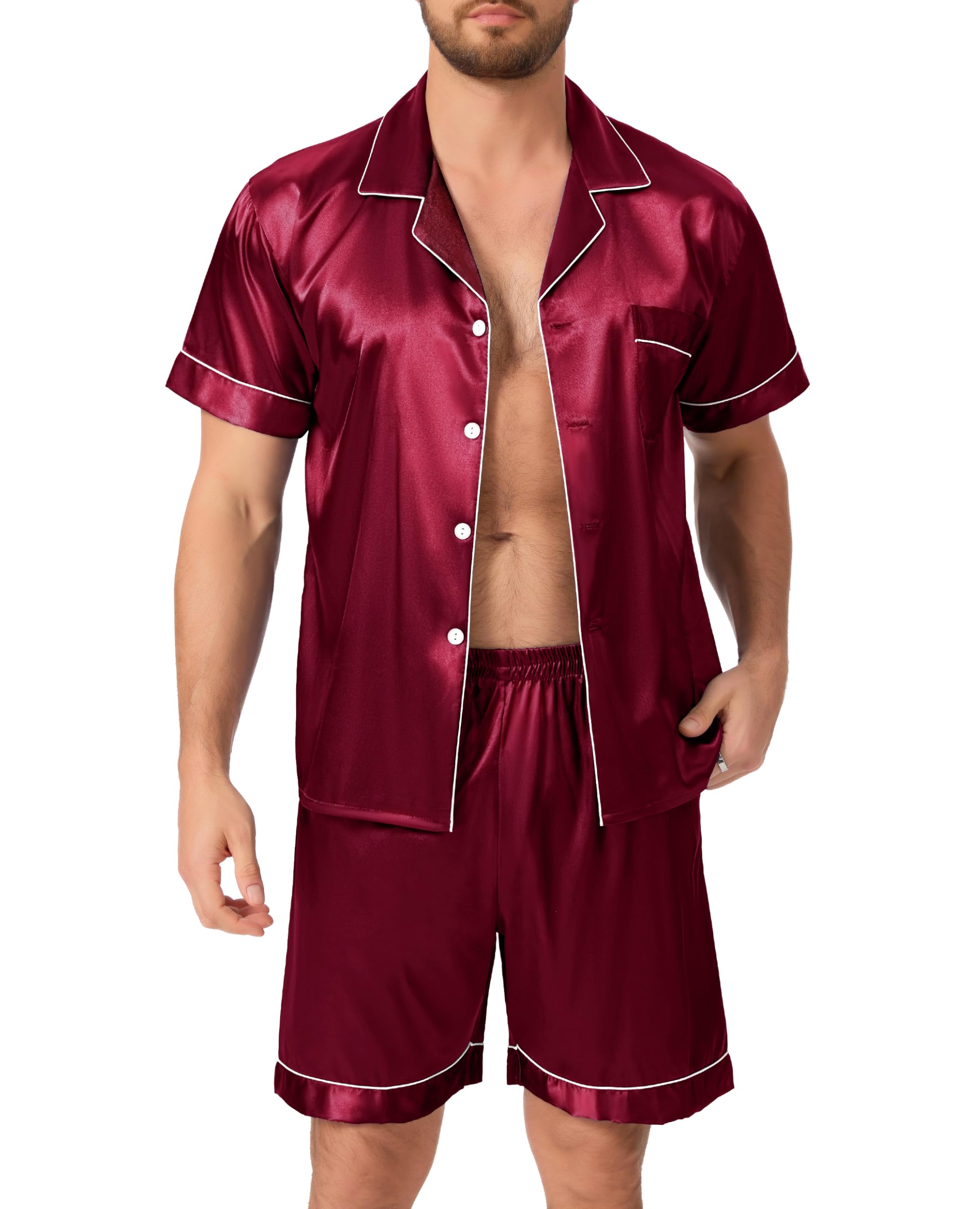 Lovasy Satin Schlafanzug Herren Kurz Kurzarm Pyjamas Set mit Knöpfen Sommer Pjs Sets Zweiteiliger Nachtwäsche