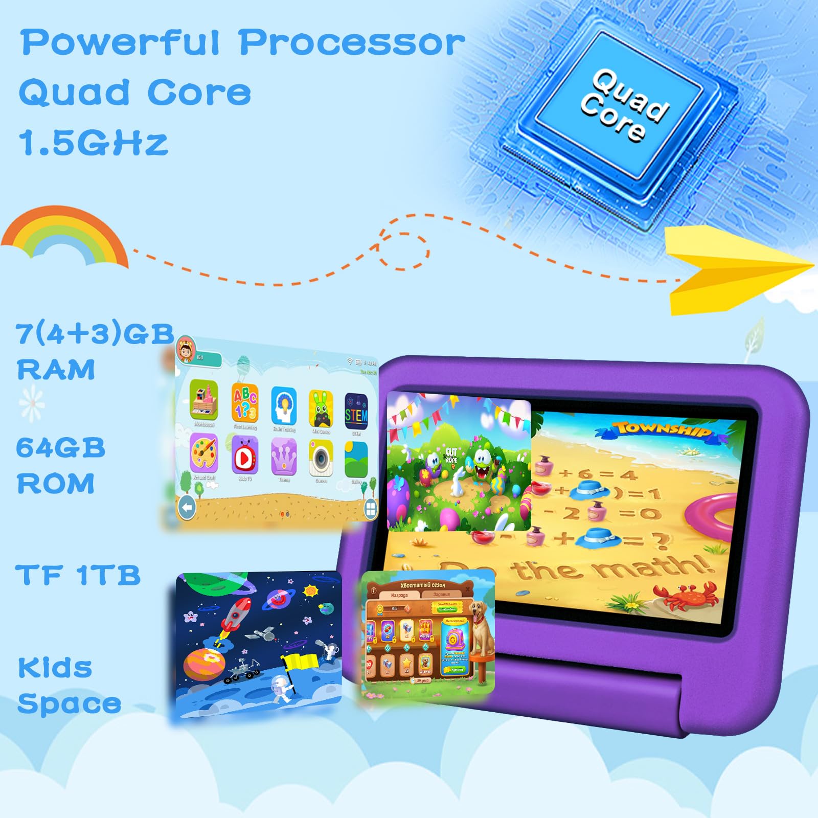 2025 Tablet Bambini 7 Pollici Android 13, 7GB RAM+64GB ROM (TF 1TB), WiFi 6 BT 5.0, Octa-Core, GMS Certificated | Controllo Parentale | Doppia Fotocamera | GPS | Tablet con Custodia EVA - Viola