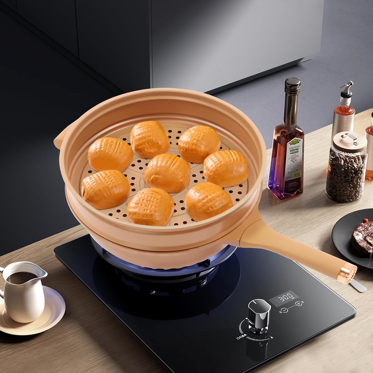 Microwave Pressure Cooker Multifunctional Pottery Clay Non-Stick Micro Pressure Pot with Basket&Spatula Steam Boil Bleach Fry Integrated Miniature Pressure Cooker for All Kinds of Stoves