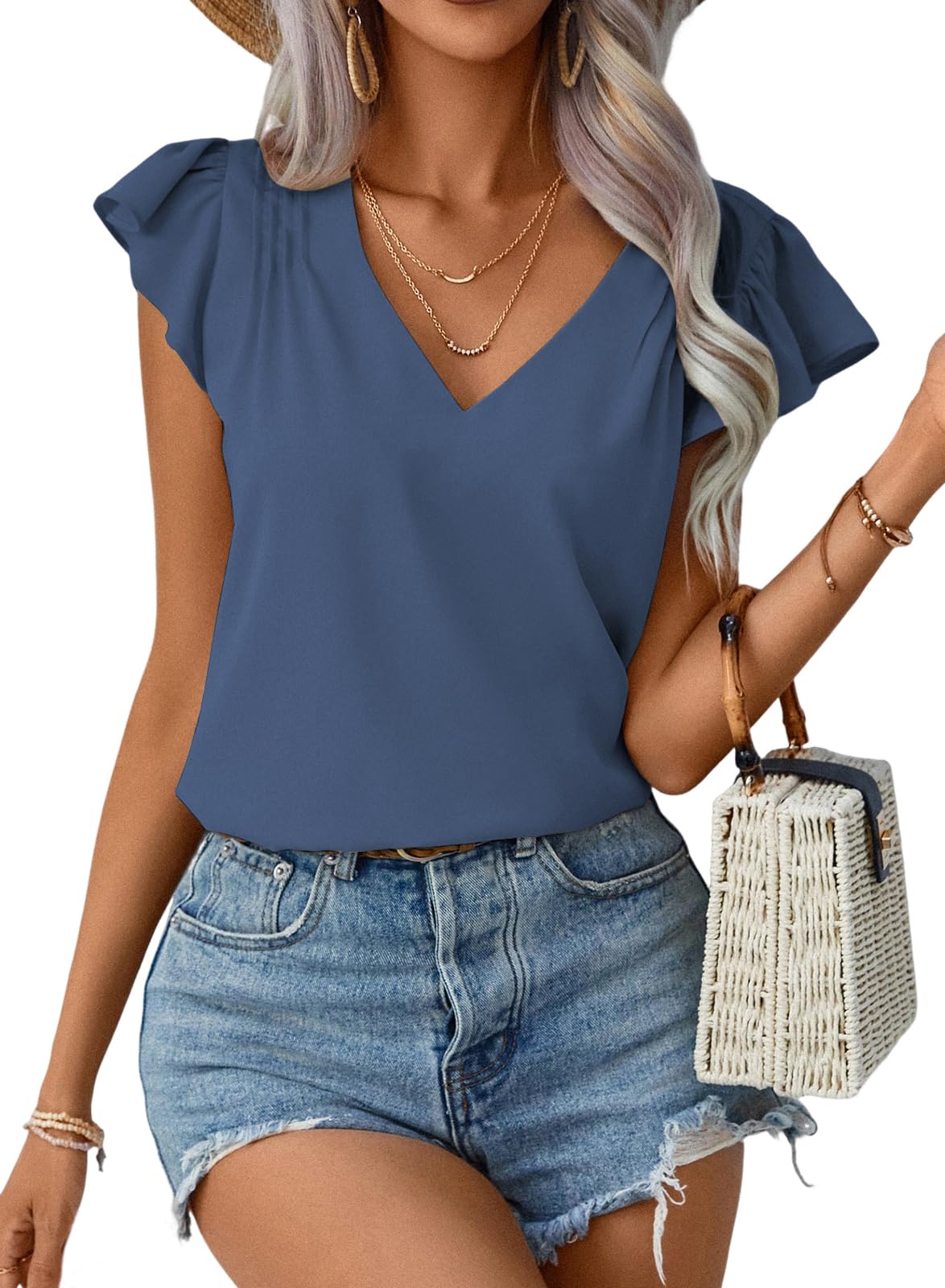 Spriolim Women's Ruffle Short Sleeve Shirt Summer Pleated V Neck Top Casual Loose Chiffon Blouses