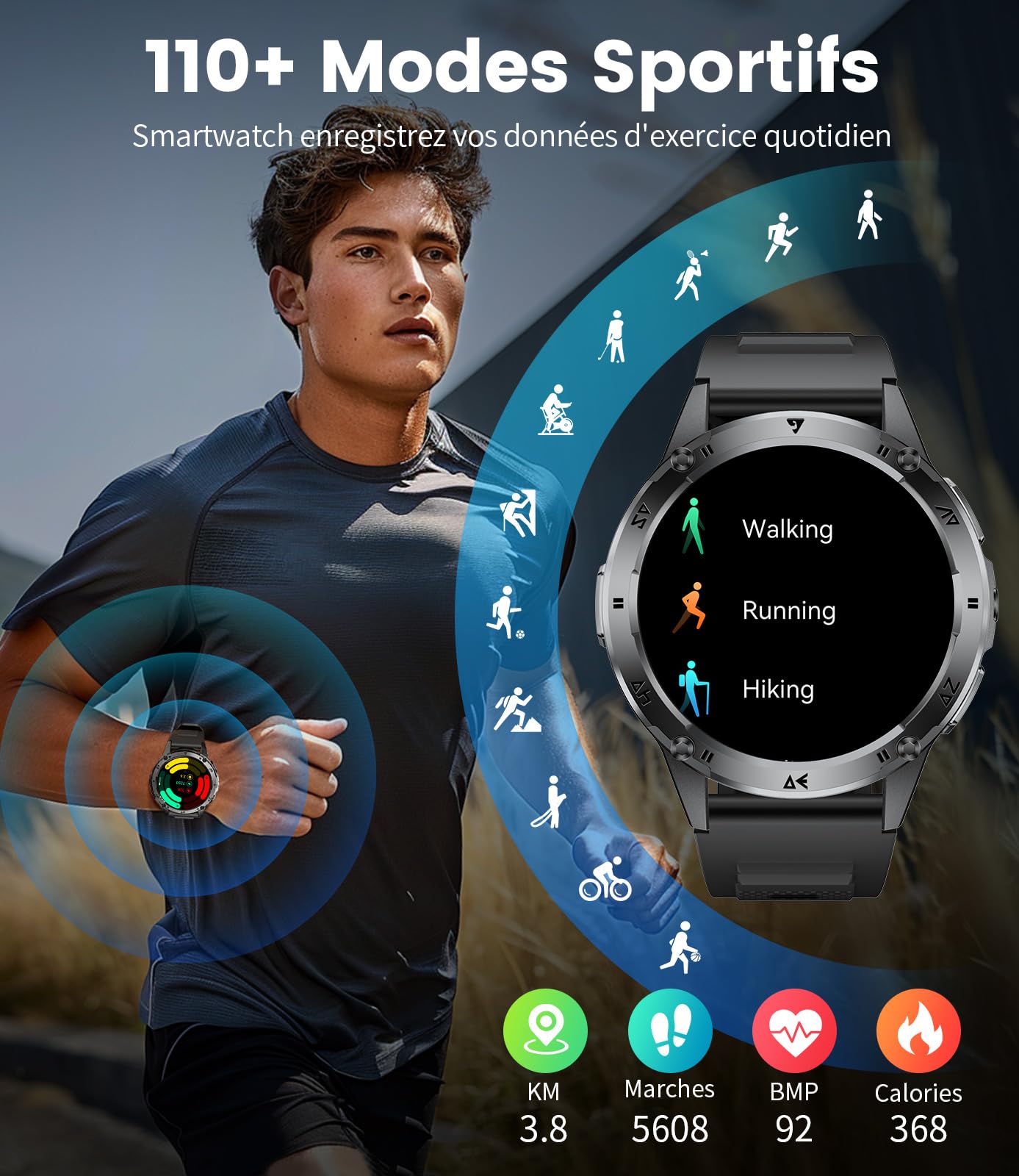 FITFLEX Montre Connectée Homme avec Appel Bluetooth, 1.43'' AMOLED Smartwatch avec Lampe Torche, 530mAh, Moniteur de Sommeil, IP68 Étanche, 120+ Sportifs Montre Intelligente pour Android iOS