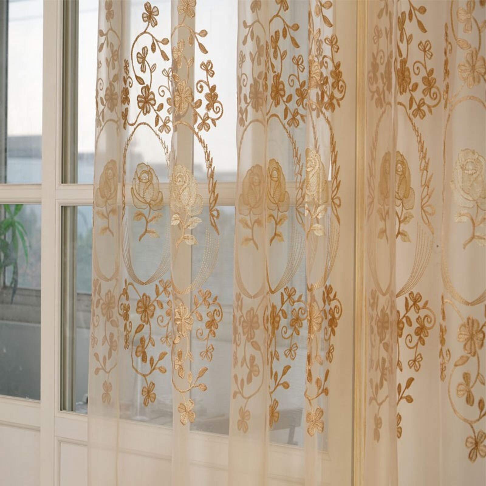 Rideau en voile brodé floral doré style chic 150x270cm