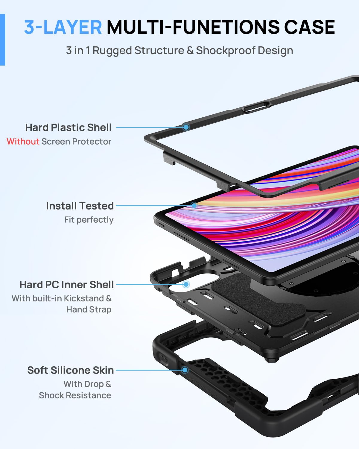 Custodia Resistente Per Xiaomi Redmi Pad Pro / Poco Pad 12.1'' Con Portamatite, Tracolla E Supporto Girevole 360° (Nero)