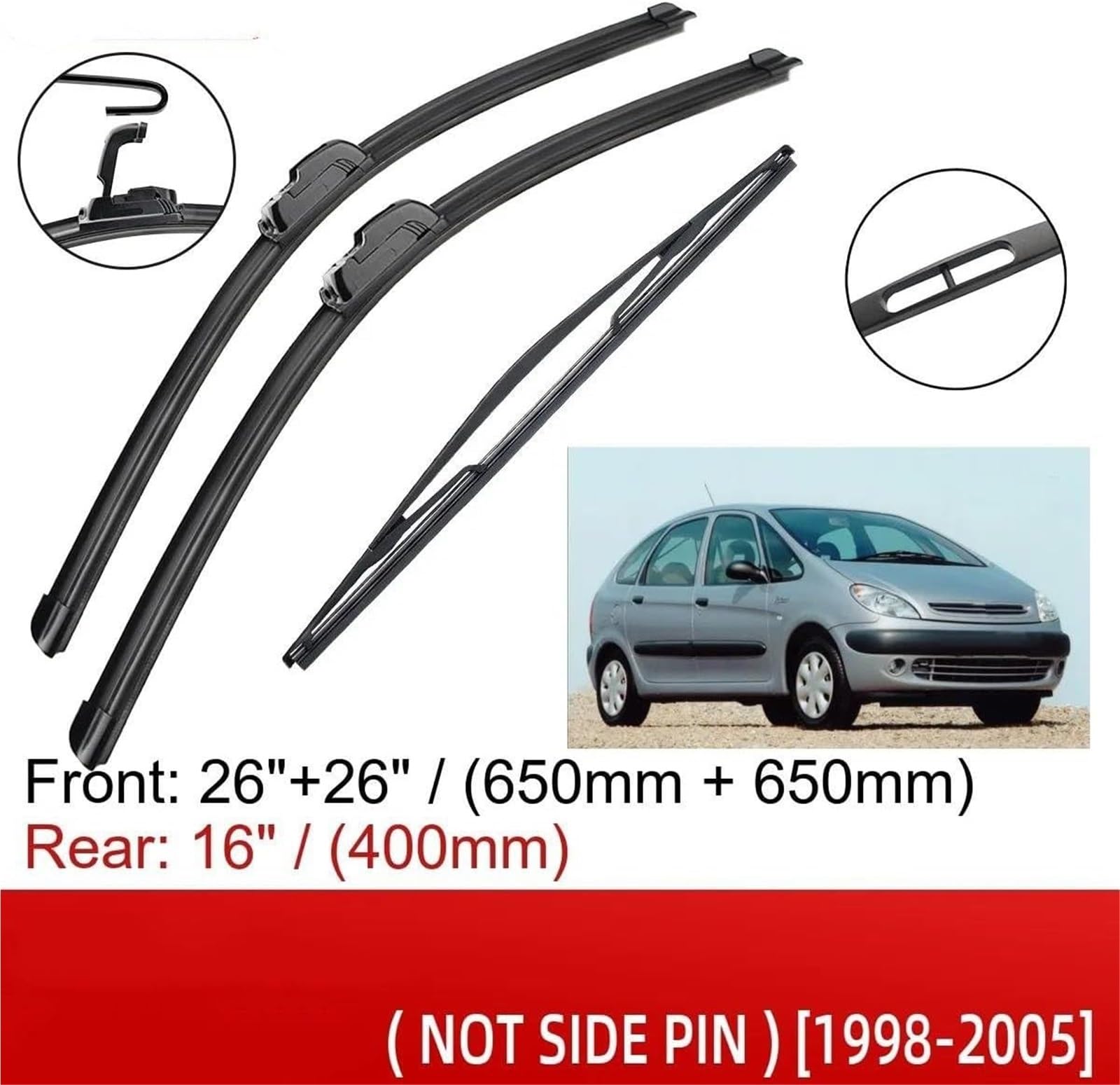 Juego de limpiaparabrisas Escobillas limpiaparabrisas delanteras y traseras para Citroën, para Xsara y para Picasso (1998-2005)