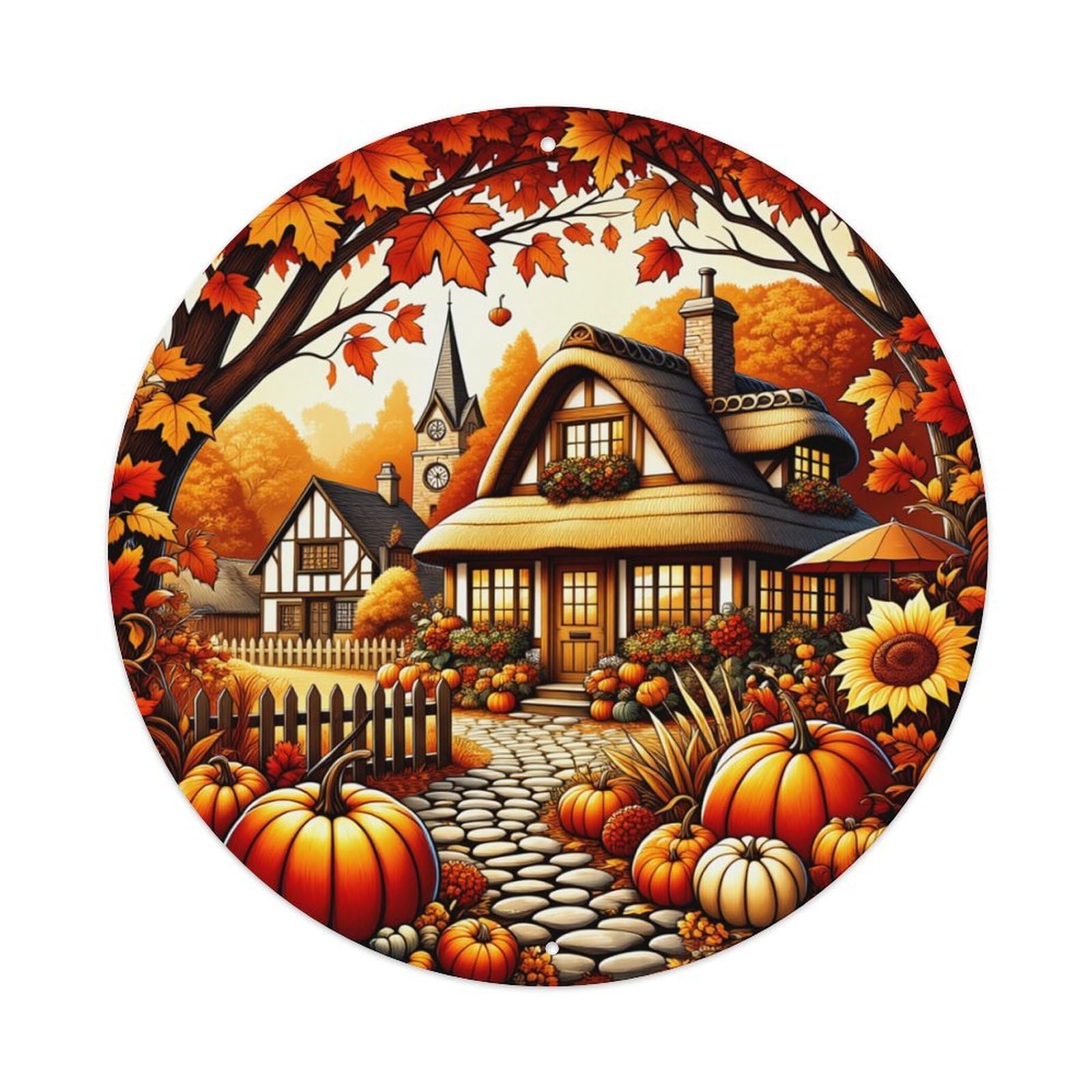 Autumn Cottage Pumpkin Garden Scene Round Tin Sign Retro Metal Sign for Cafe Bar Pub Home Game Room Gym Club Wall Decoration Vintage Metal Poster 8x8 Inch