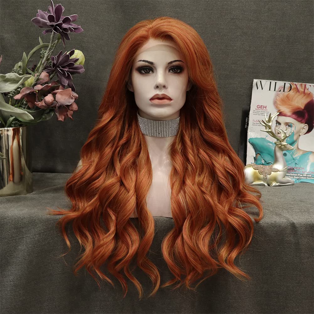 IMSTYLE Ginger Synthetic Lace Front Wig Long Wavy Synthetic Lace Front Wig Glueless Heat Resistant for Drag Queen Cosplay Party Daliy Wear 26 Inches