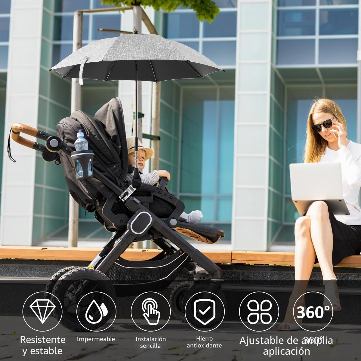 Sombrilla para cochecito de bebé con protección UV de 360° para cochecito, sombrilla universal con abrazadera ajustable y brazo flexible para cochecito, cochecito y cochecito