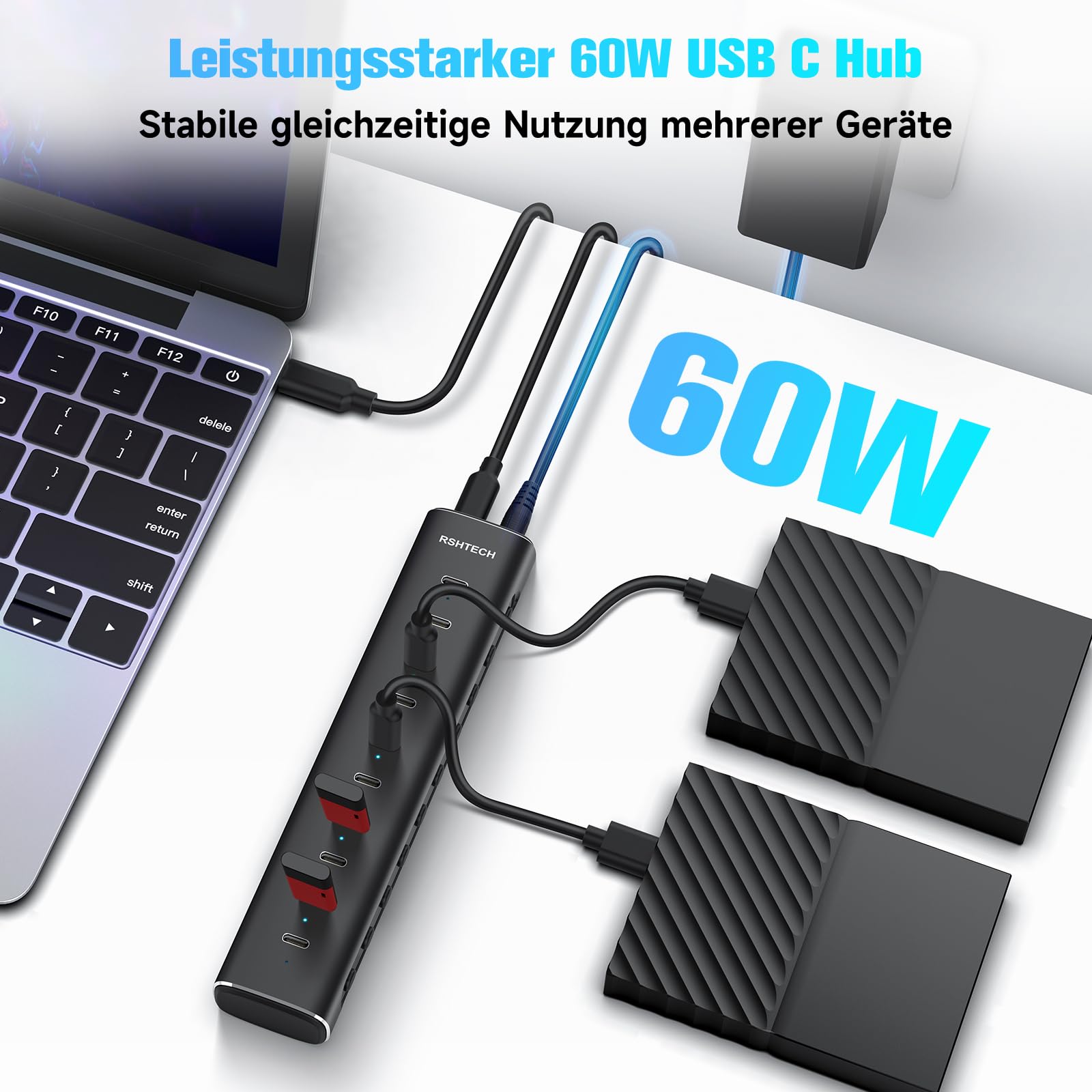 RSHTECH Hub USB C 3.2 Alimentato a 10 Porte (10Gbps/Porta), RSH-H10C | Hub USB Alluminio con Adattatore 60W(12V/5A), Cavo Rimovibile 1m, Interruttore Indipendente, per computer portatile/PC