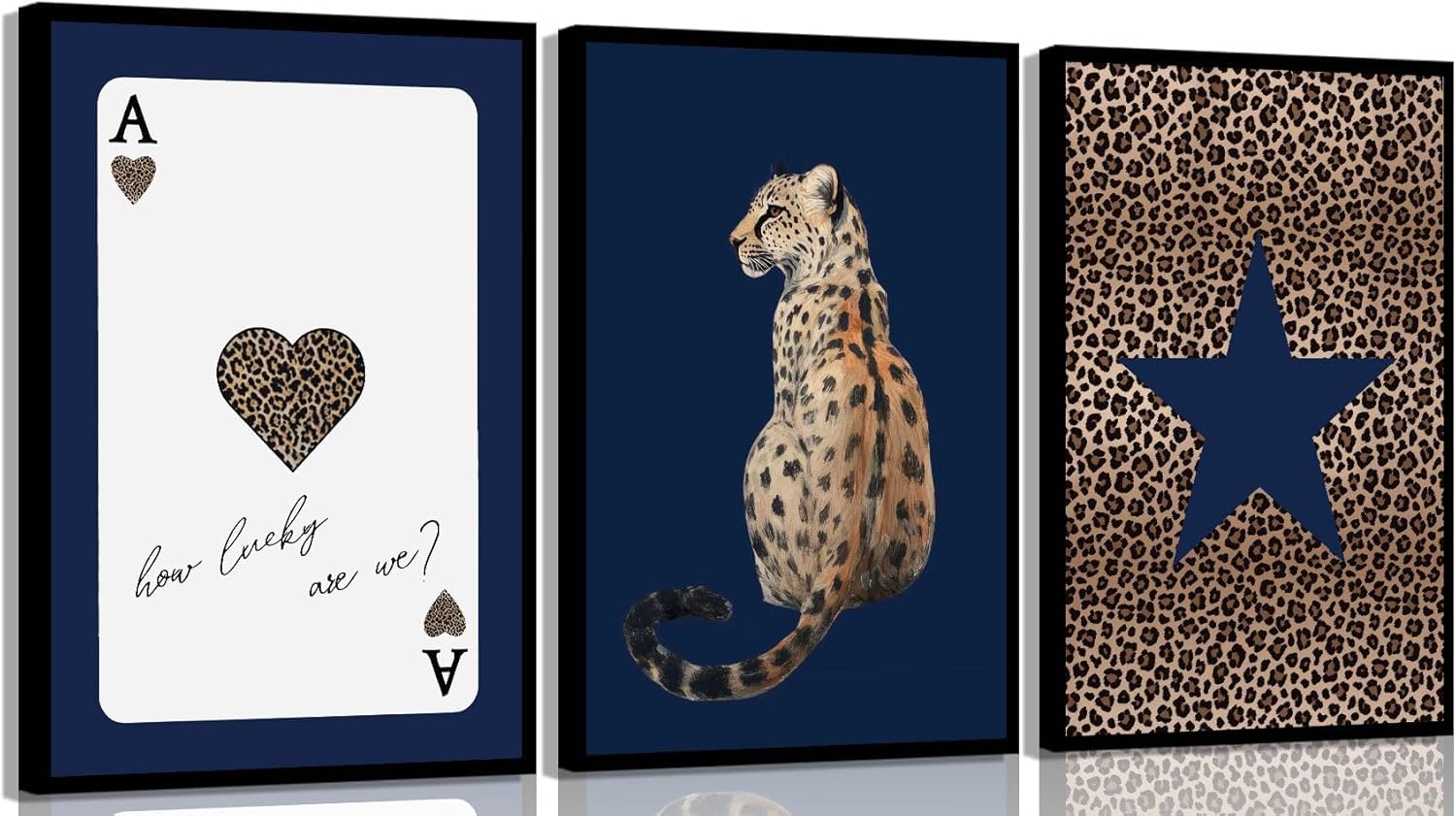 Bonbeau 3Pcs Navy Leopard Wall Art Cheetah Vintage Prints Wall Decor Navy Blue Star Painting Pictures Lucky Trendy Artwork for Gallery Preppy Luxury Home Decoration12X16inch Unframed