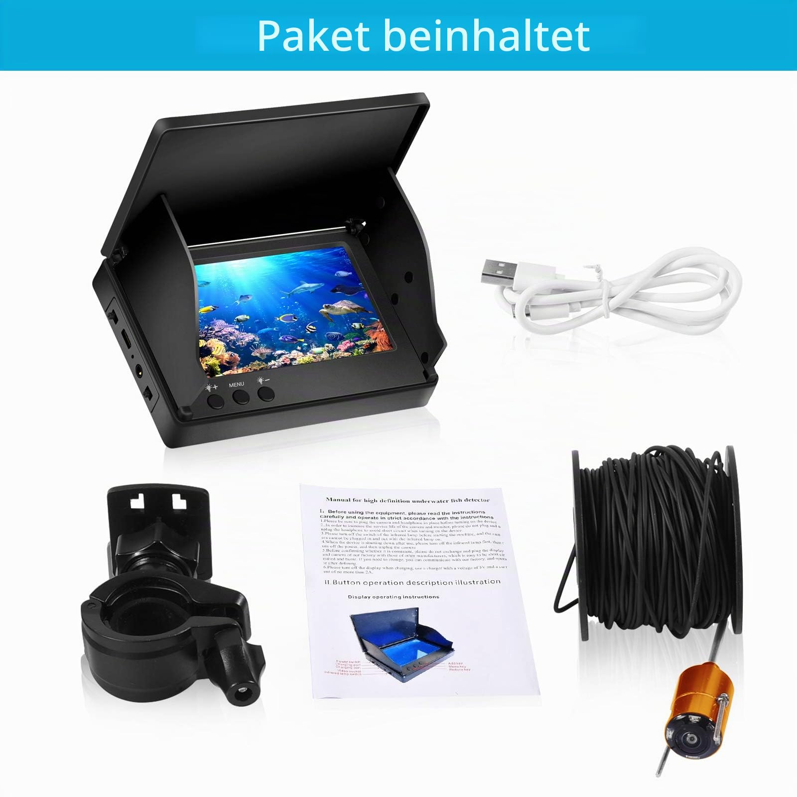 Fish Finder Kamera Unterwasser-Angelkamera mit 4,3 Zoll IPS Display für Eis, Fluss und Boot
