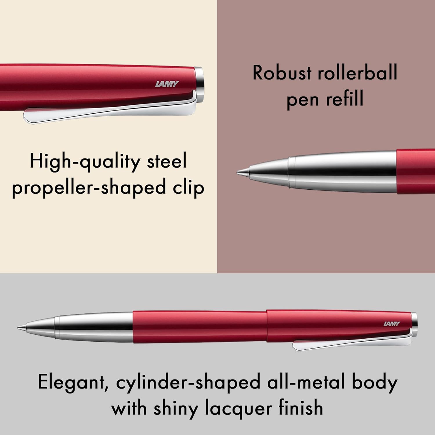 Lamy studio pianored - rollerball pen in elegant metal barrel - with propeller-shaped clip & in line width M M 63 rollerball refill in black