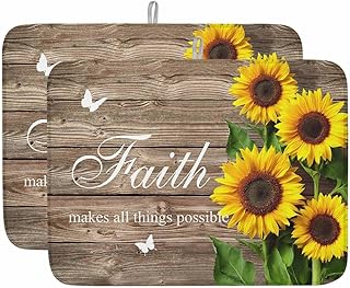 Yellow Sunflowers Dish Drying Mat for Kitchen Counter Faith Brown Wood Striped Countryside Super Absorbent Microfiber Coffee Bar Mat Washable Dish Drainer Rack Mat, 2 Pack, 18" x 24"