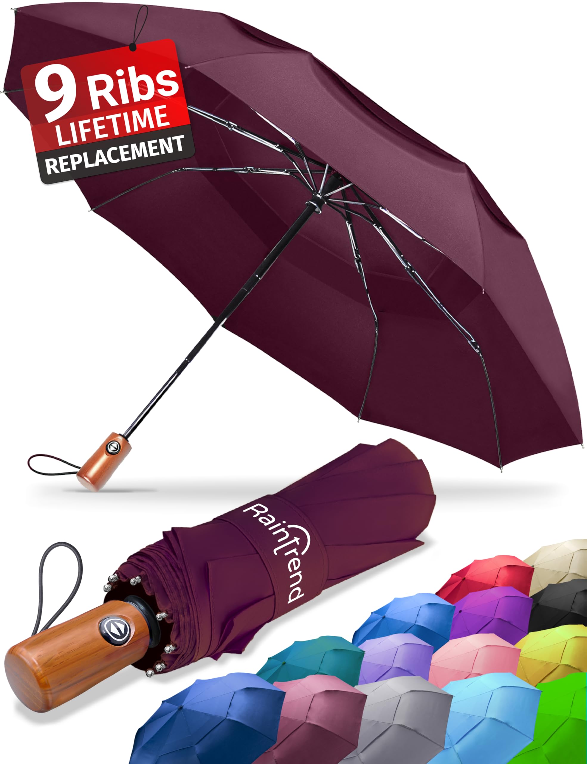 Premium Umbrella Windproof Travel Umbrellas for Rain,Compact Small Portable Folding Automatic Strong Wind Resistant Large Double Canopy,Womens Mens Umbrella for Backpack Car Purse, Burgundy, Classic