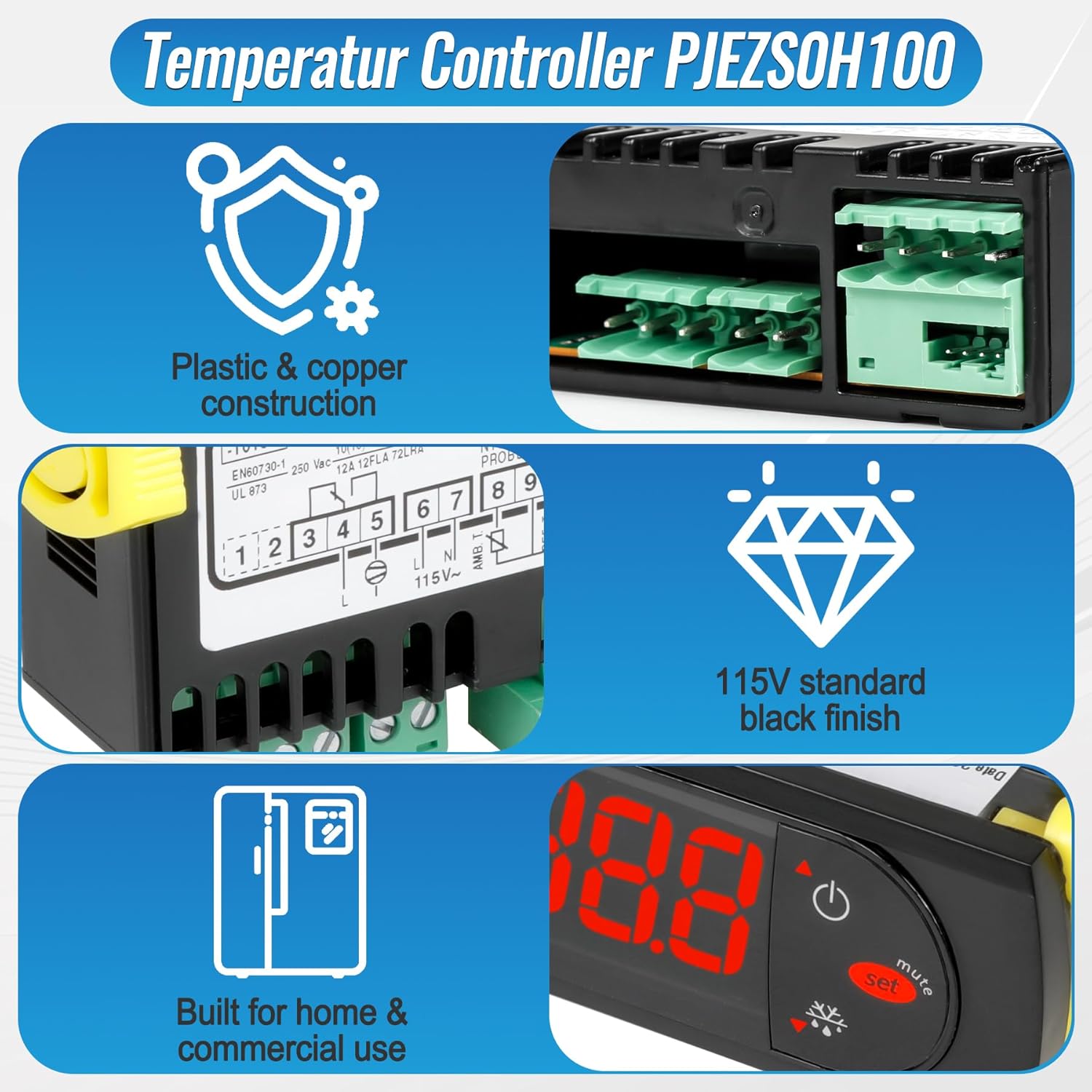 Replacement for Carel PJEZS0H100 Temperature Controller, for 115V 50/60hz Refrigerators/Freezer Types, Programmable Digital Thermostat with Sensor Probe & Mounting Hardware