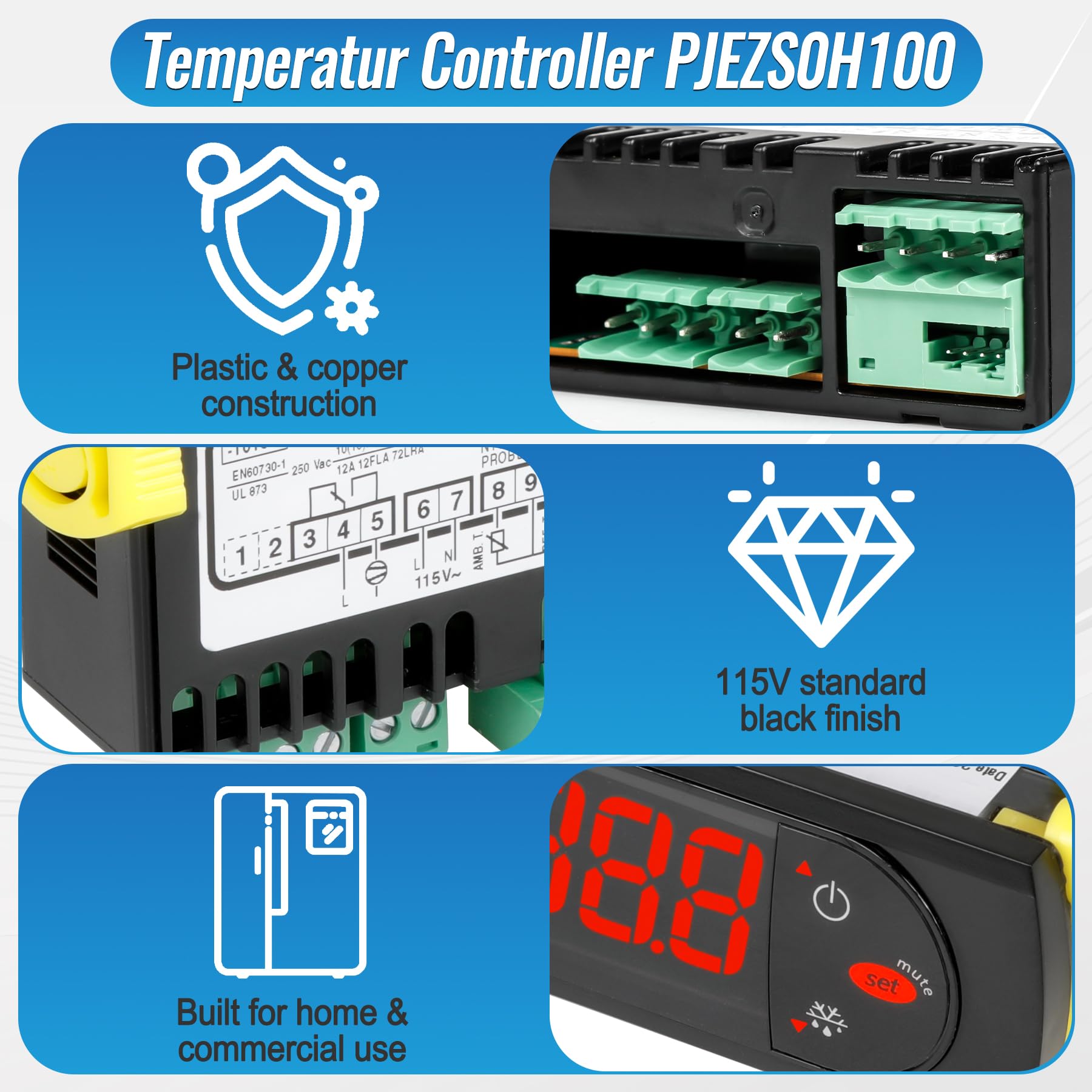 Zamiennik dla Carel PJEZS0H100 regulator temperatury, do lodówek 115 V 50/60 Hz, programowalny termostat cyfrowy z sondą czujnika i osprzętem montażowym