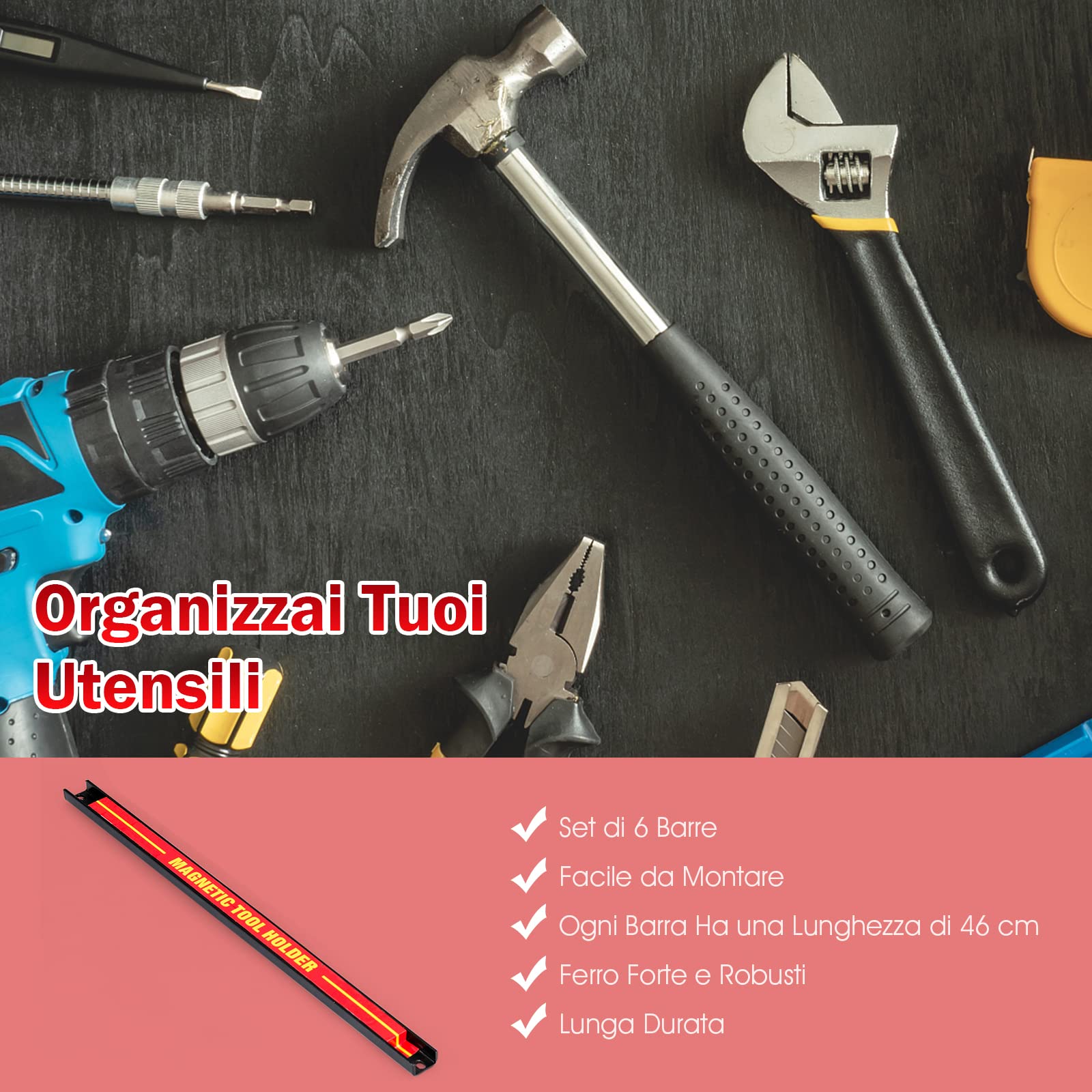 GYMAX Set 6pz Barra Magnetica Portautensili di 46 cm, Rastrelliere da Muro, Scaffale Organizzatore per Atrezzi, Portata di 6x10 kg, Accessori per Meccanico Garage Officina, Rosso